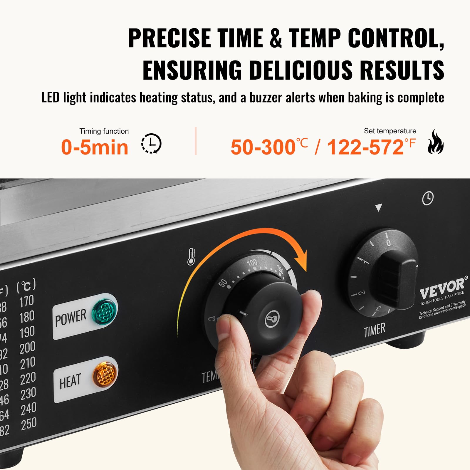 VEVOR 1550W Commercial Electric Donut Maker Machine - 6 Hole Non-Stick Waffle Iron with Double-Sided Heating (122-572℉) for Restaurants, Bakeries & Home Use - Perfect for Breakfast, Parties & Small Business Snack Production
