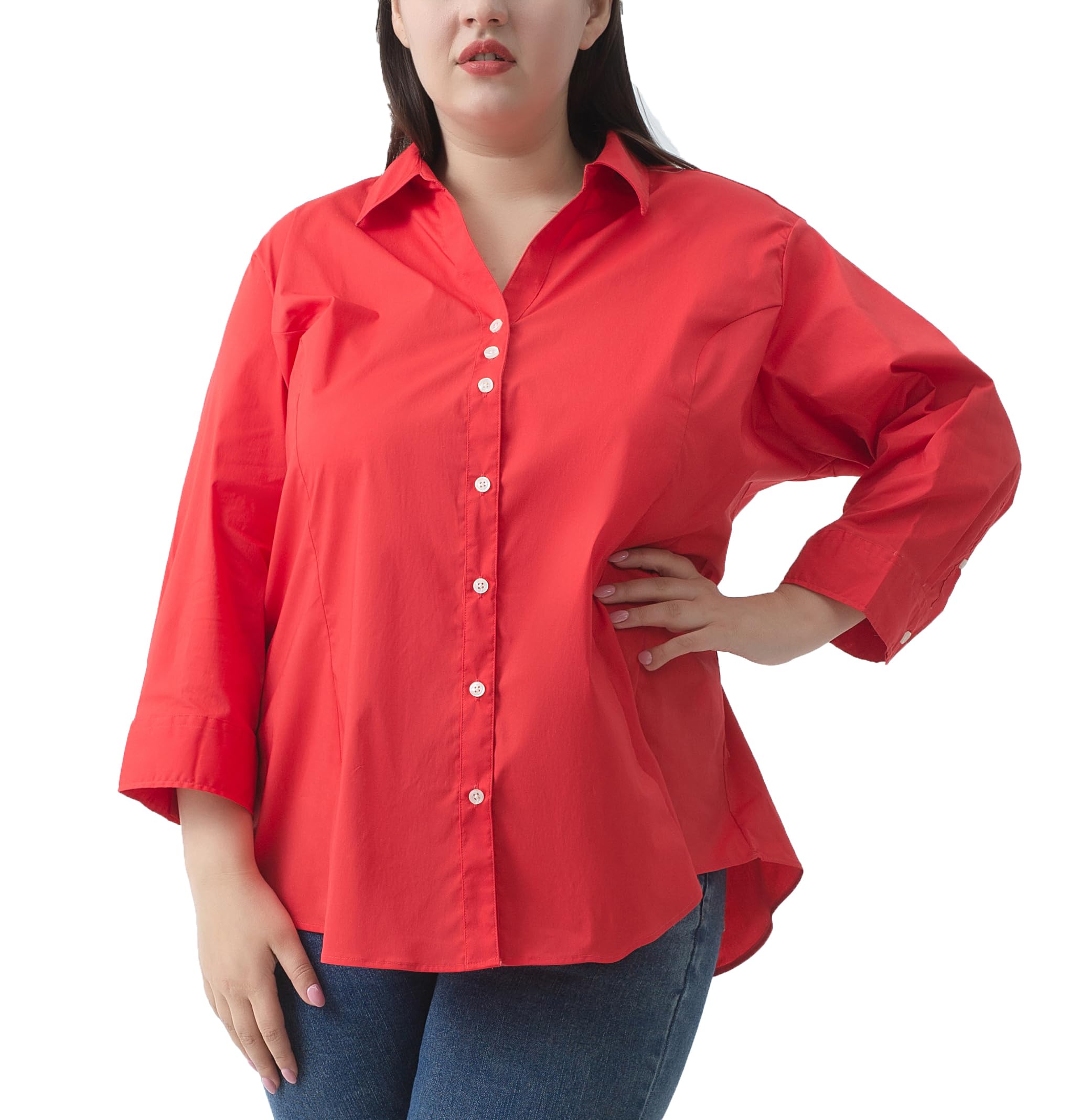 Plus Size Women's 3/4 Sleeve Button Down V-Neck Blouse - Stretch Business Casual Shirt for Office, Work & Everyday Wear