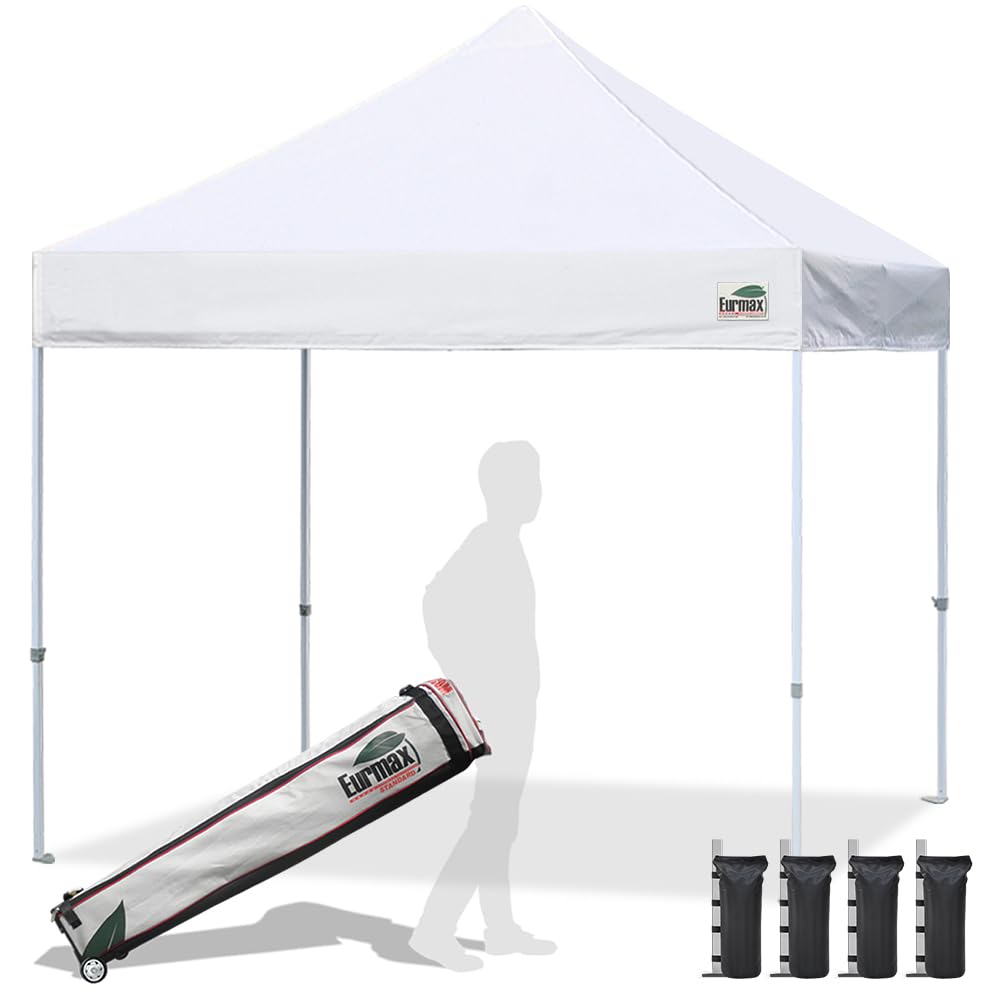 Eurmax USA 10x10ft Heavy Duty Pop Up Canopy Tent - Commercial Grade Instant Shelter for Outdoor Events, Parties & Markets - Includes Roller Bag & 4 Sand Bags (White) - Perfect for Backyard BBQs, Beach Trips & Trade Shows