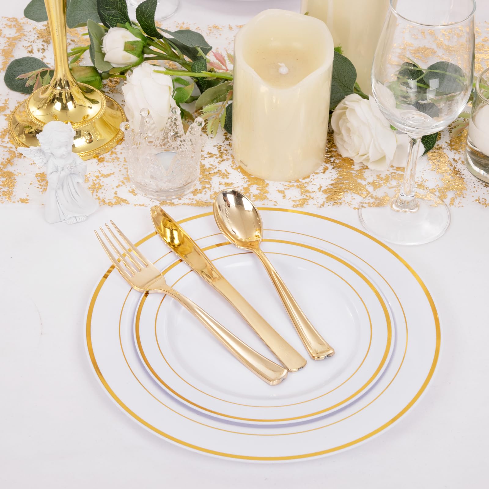 DaYammi 250-Piece Gold Plastic Dinnerware Set - 50 Gold Rim Dinner Plates, 50 Salad Plates, 50 Plastic Silverware Sets - Elegant Disposable Tableware for Weddings, Parties, Banquets & Special Events