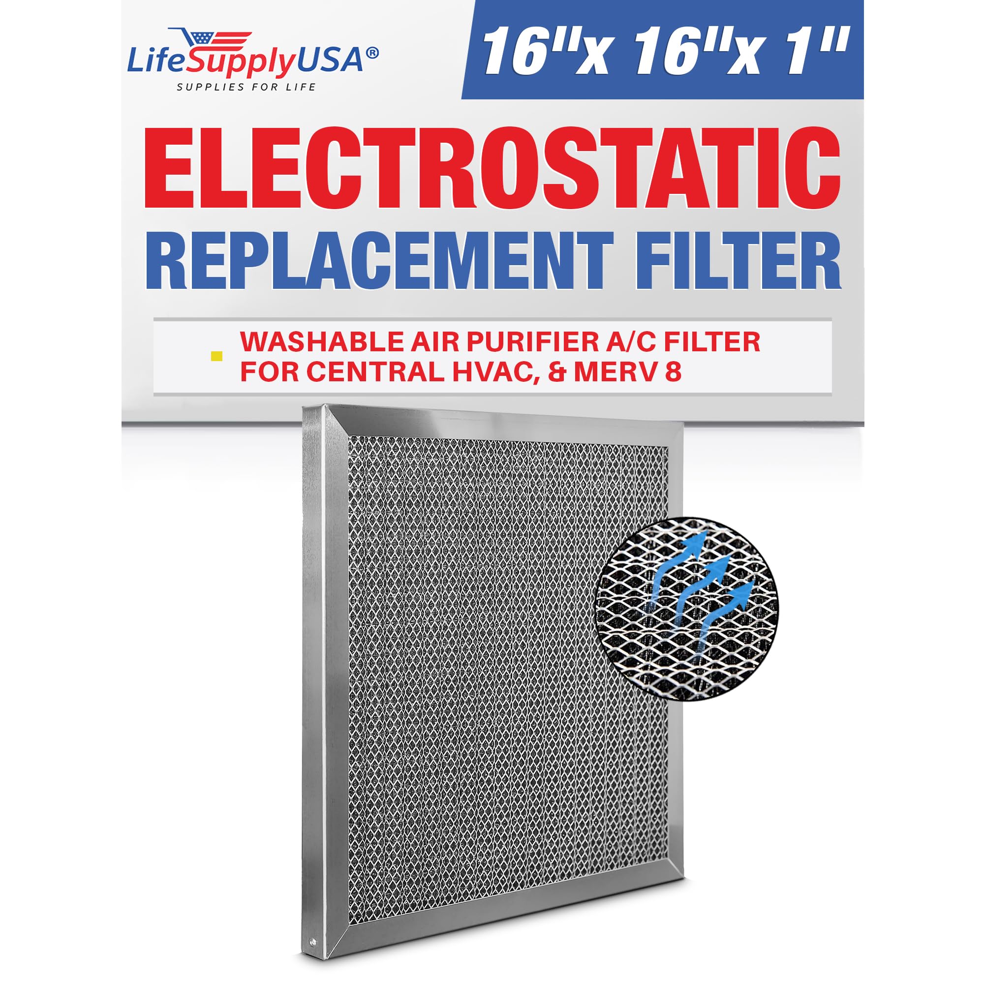 LifeSupplyUSA 16x16x1 MERV 8 Washable Electrostatic Air Filter - Reusable HVAC Furnace AC Filter for Home & Office - Energy Saving, Easy to Clean, Long Lasting (1-Pack) - Perfect for Allergies, Dust & Pet Hair Removal