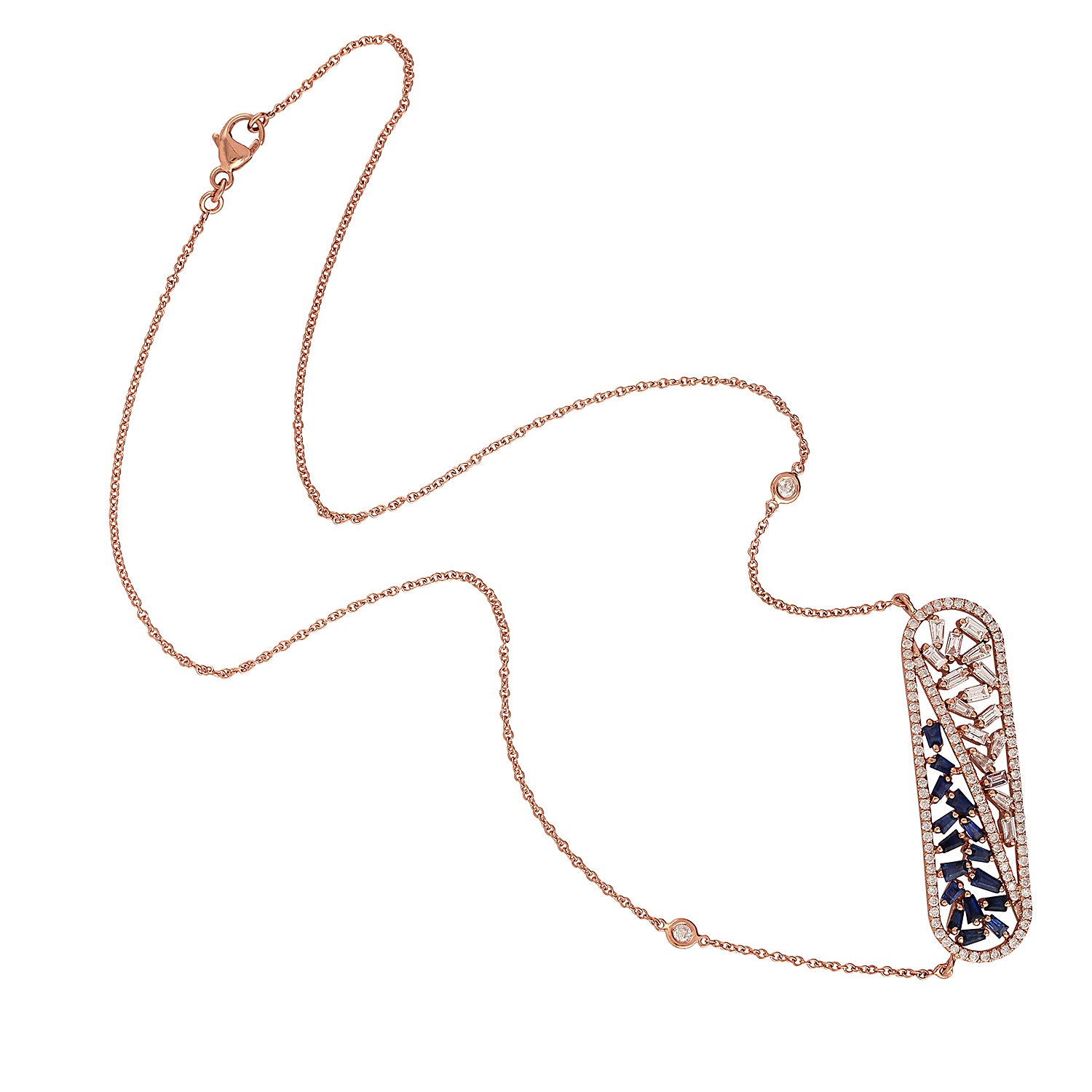 18K Rose Gold Princess Necklace with Baguette Blue Sapphire & Diamond Prong Setting – Elegant Jewelry Gift for Women, Perfect for Weddings, Anniversaries & Special Occasions
