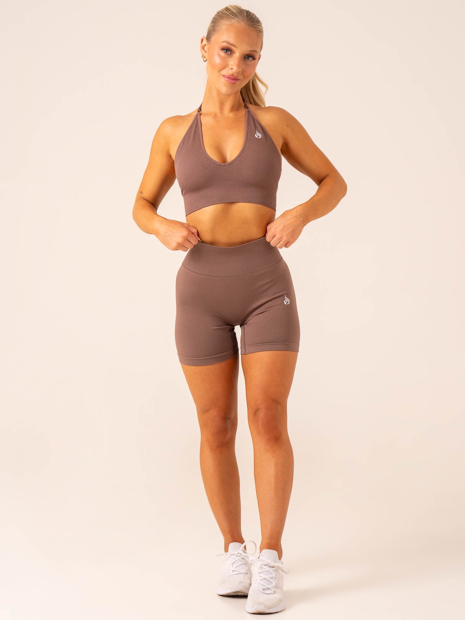 Lift Rib Seamless Halter Sports Bra for Women - Deep Taupe - High Support Workout Bra for Yoga, Running & Gym