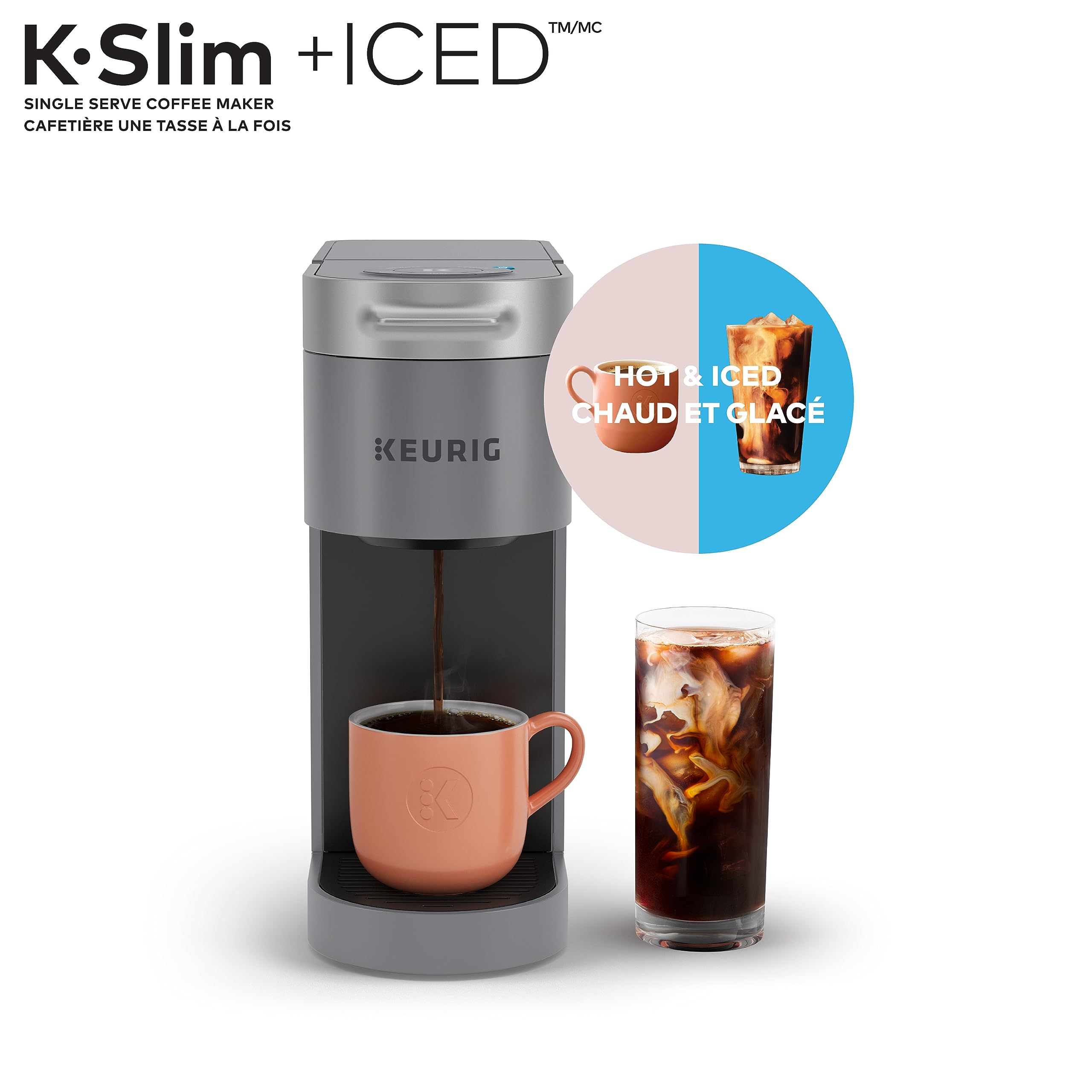 Keurig K-Slim + ICED Single Serve Coffee Maker - Compact & Fast Brewing for 8-12oz Cups (Gray) - Perfect for Home, Office, or Travel Use