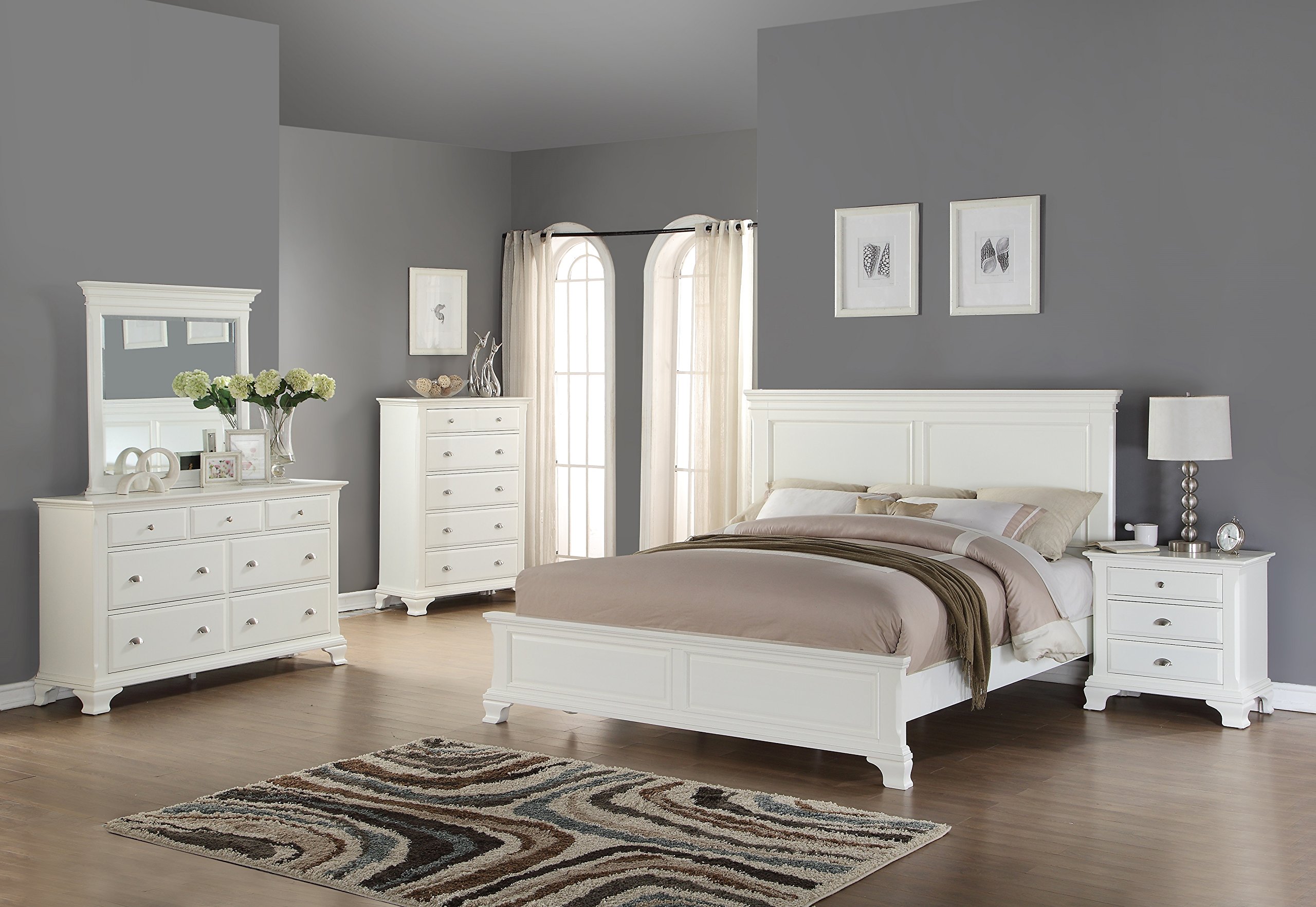 Roundhill Furniture White Wood Queen Bedroom Set - Bed, Dresser, Mirror, Nightstand & Chest | Modern Farmhouse Style for Master Bedroom or Guest Room