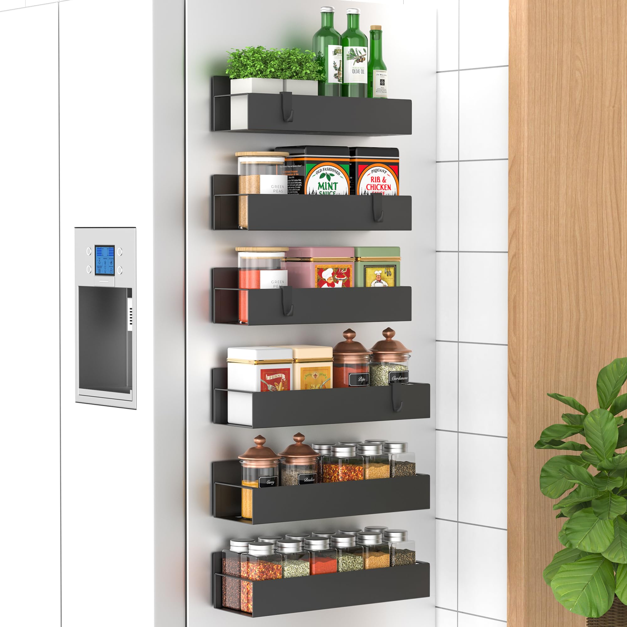 6 Pack Magnetic Spice Rack Organizer for Refrigerator & Oven - Space Saving Black Fridge Storage Solution for Kitchen, Pantry & Spice Organization