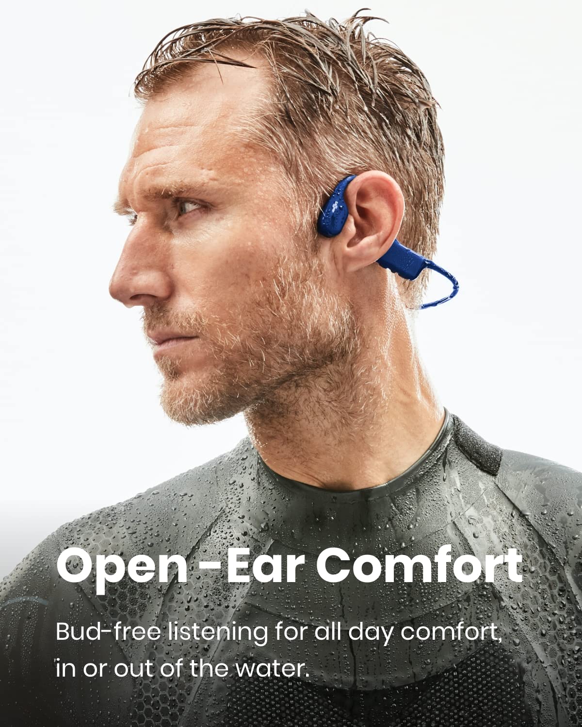 Shokz OpenSwim Waterproof Bone Conduction MP3 Player for Swimming - No Bluetooth, Open-Ear Wireless Music Player with Earplugs (Blue, Renewed) - Perfect for Pool, Ocean & Triathlon Training