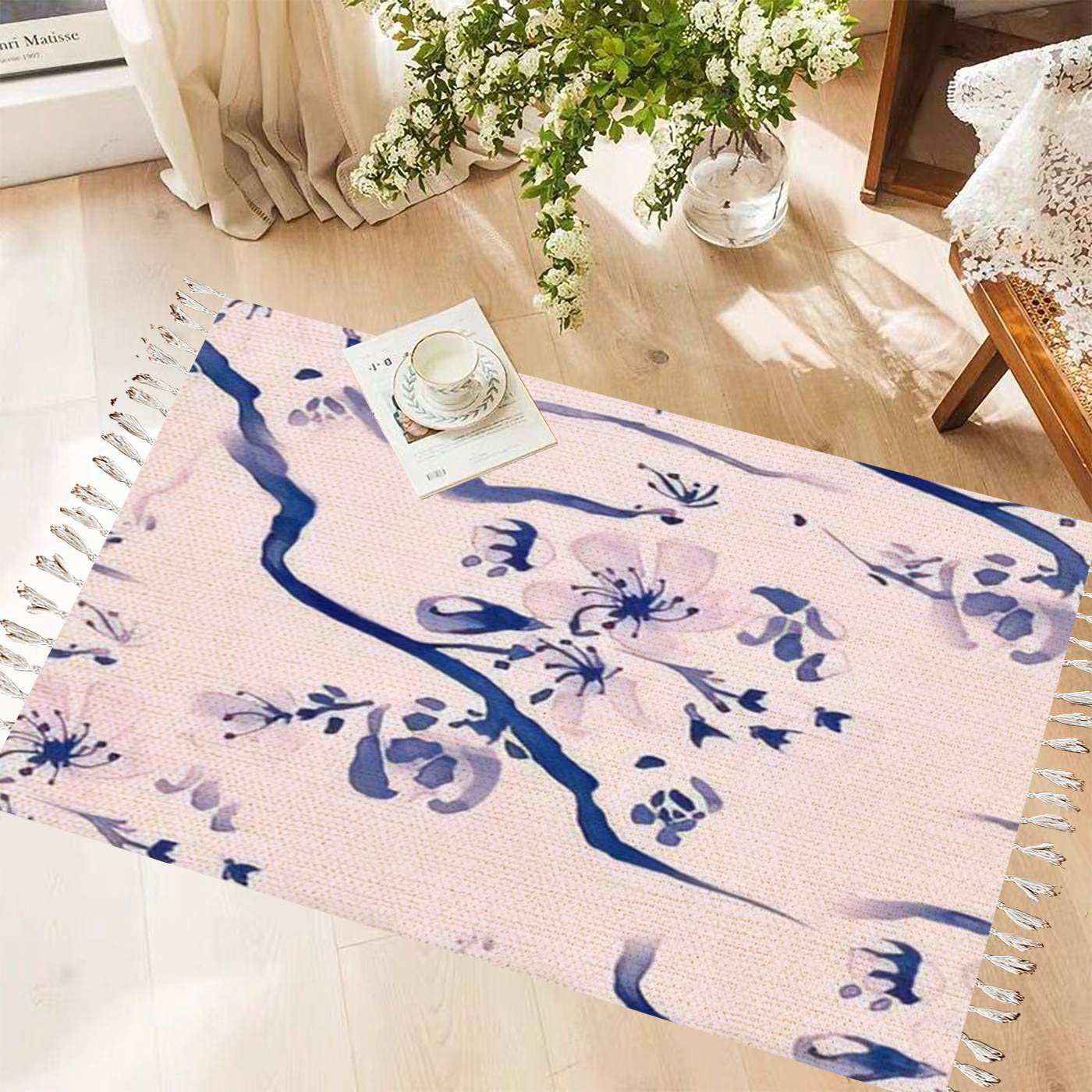 Vintage Cotton & Linen Tassel Rug - Indigo Blooming Branches Design, Japanese Inspired Boho Area Rug, Washable Woven Mat for Kitchen, Bathroom Decor, Living Room, Bedroom & Outdoor Use