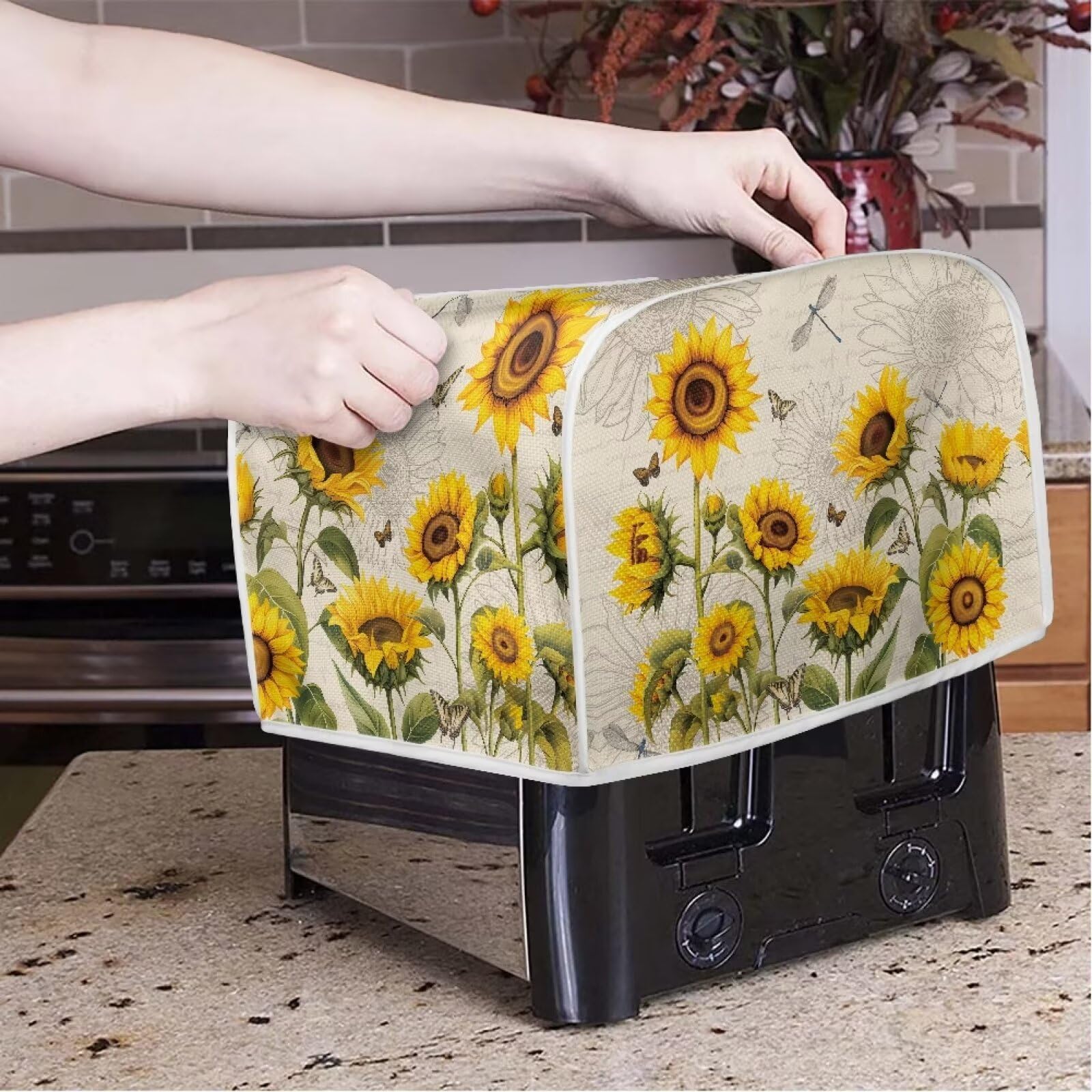 4-Slice Toaster Cover & Bread Machine Cover with Handle - Universal Kitchen Appliance Dust Cover - Stain Resistant, Sunflower Dragonfly Retro Design - Perfect for Countertop Protection & Small Appliance Storage
