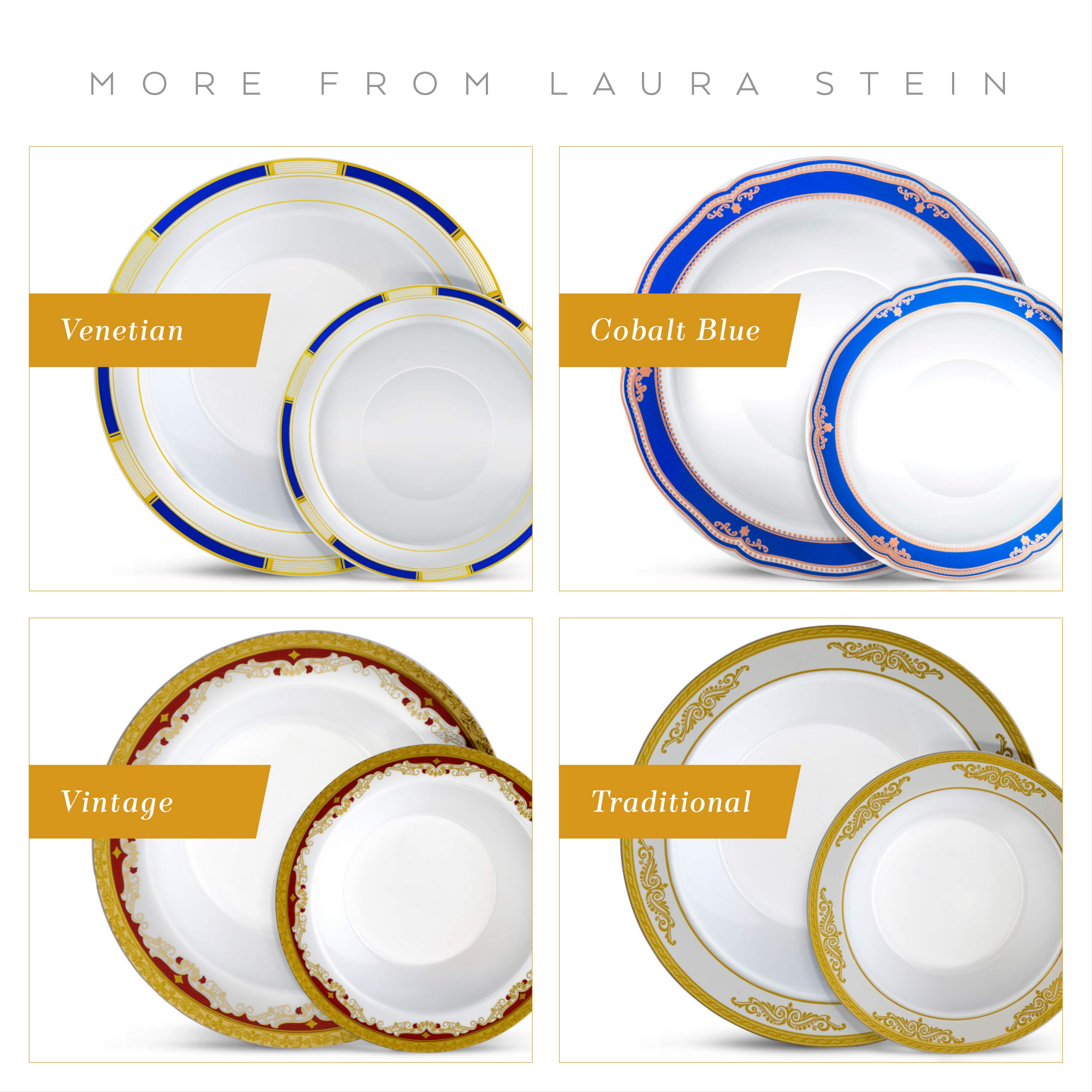 Laura Stein Elegant Disposable Plastic Dinnerware Set - 32 Piece White Wedding Bowls with Blue Rim & Gold Accents (16x12oz Soup Bowls + 16x5oz Dessert Bowls) | Perfect for Parties, Weddings, Catering & Special Events | Midnight Blue Collection