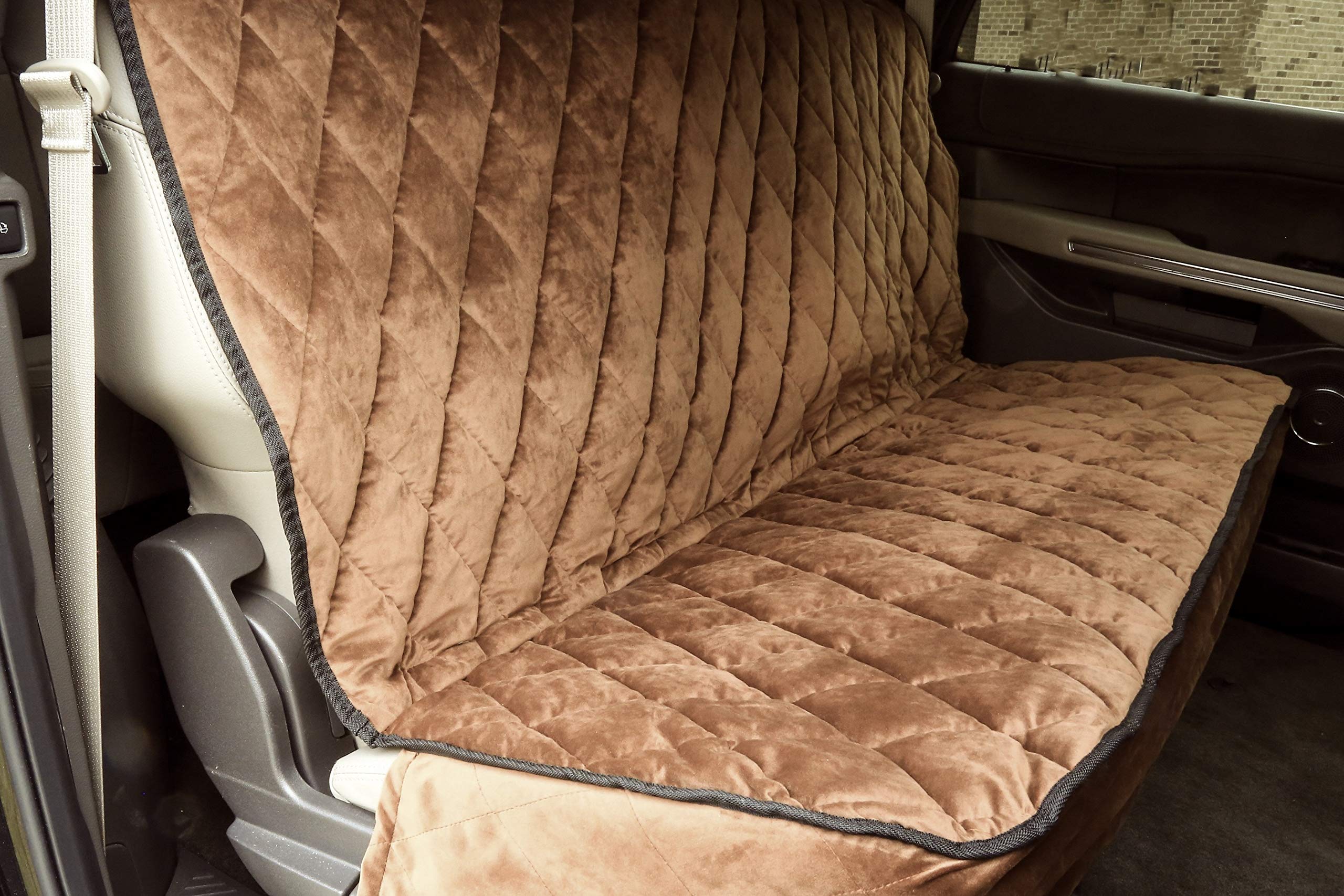 Plush Paws Velvet Rear Car Seat Protector - Washable & Waterproof Dog Seat Cover for Cars, Trucks & SUVs | Non-Slip, Tear-Resistant Pet Car Seat Protector | Desert Sand Color | Perfect for Road Trips & Daily Pet Transportation