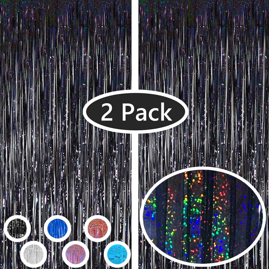 2PC Iridescent Black Foil Fringe Curtains - Halloween Party Decorations, Tinsel Backdrop for Birthday, Wedding, Photo Booth & Stage - Glittery Foil Streamers for Festive Events & Home Decor