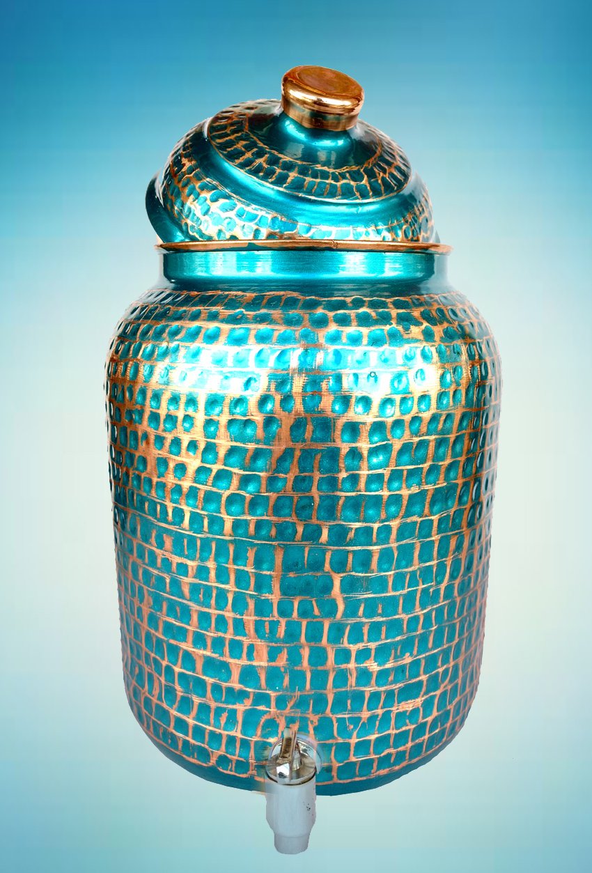 Pure Copper Hammered Water Storage Tank & Bottle Set - 4 Liter Capacity, Blue Pot with Tumbler - Traditional Handcrafted Copperware for Ayurvedic Water Purification, Home Decor & Wellness Rituals