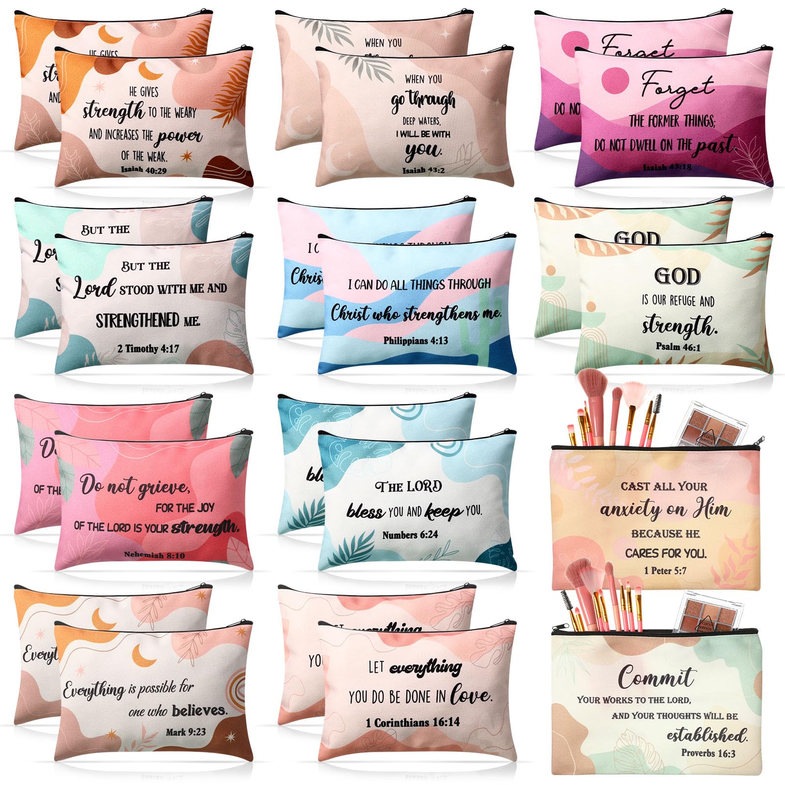 24 Pcs Christian Makeup Bags with Bible Verses - Inspirational Canvas Cosmetic & Toiletry Pouches with Zipper for Women - Perfect for Organizing Cosmetics, Toiletries & Stationery (Boho Style) - Great for Church, Travel, Gifts & Daily Use