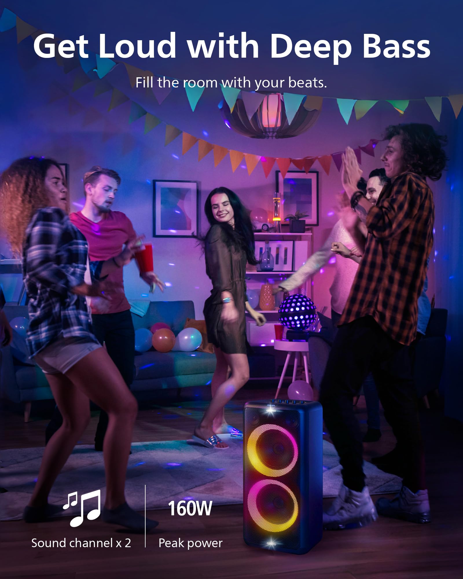 Philips X5206 Bluetooth Party Speaker with Wheels - Portable Karaoke Machine with Microphone & Guitar Input, Powerful Bass & Subwoofer, Exciting LED Light Show, Long Battery Life - Perfect for Outdoor Events, Parties, Camping & Home Entertainment