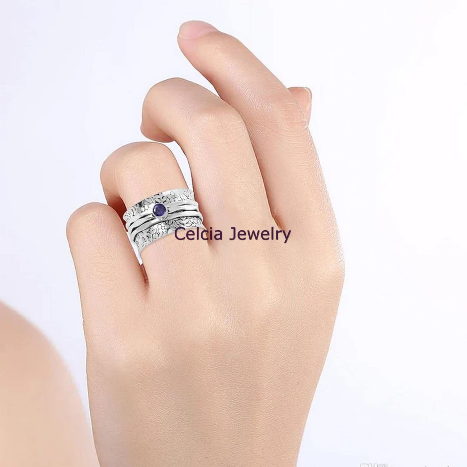 Natural Amethyst Faceted Round Gemstone Spinner Ring for Women - Unique Flower Designer Spinning Ring, February Birthstone Jewelry, Delicate Meditation Ring (Size 7) | Perfect for Stress Relief, Yoga Practice & Spiritual Healing