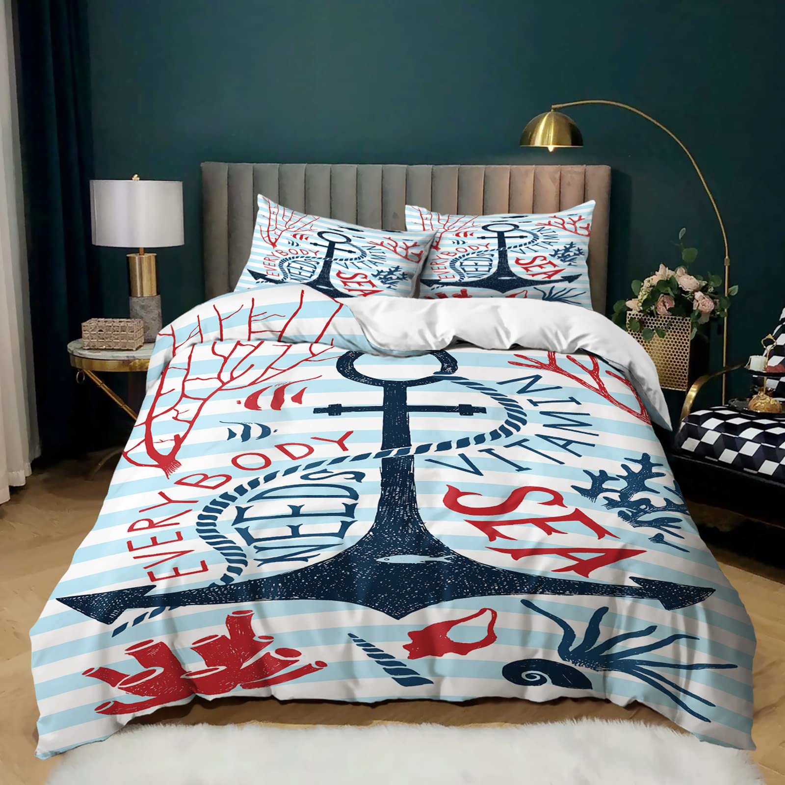 AILONEN Nautical Anchor Duvet Cover Twin Size - Ocean Themed Bedding Set for Boys, Girls & Kids | Sea World Comforter Cover with 17 Pillow Shams & Zipper Closure | Perfect for Coastal Bedroom Decor, Kids' Room & Beach House Style