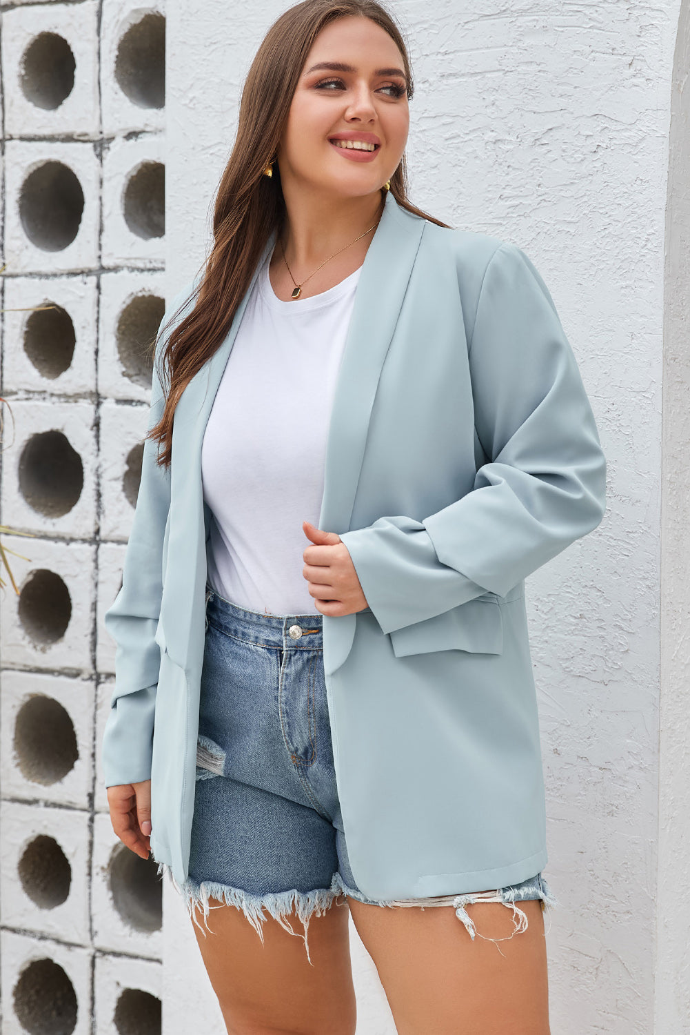 Plus Size Shawl Collar Long Sleeve Resort Blazer for Women - Elegant Formal & Casual Office Wear, Wedding Guest Outfit, Business Travel Jacket