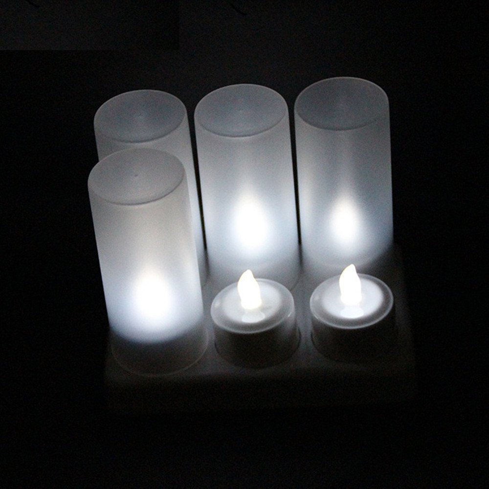 Rechargeable Flameless LED Tea Light Candles - 6 Pack White Electric Votive Lights with Frosted Holders & USB Charging Base | Battery-Free, Safe for Home Decor, Weddings, Parties & Romantic Ambiance