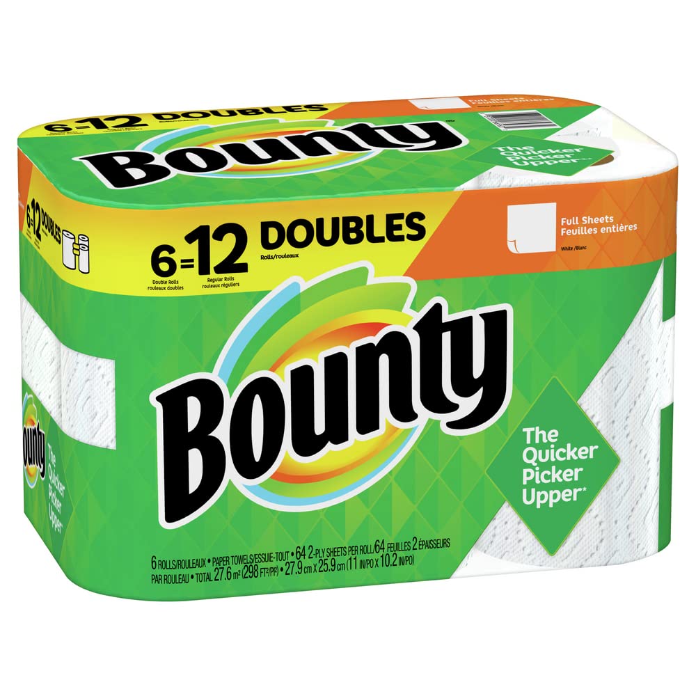 Bounty Full Sheet Paper Towels, White, 6 Double Rolls (12 Regular Rolls) - Ultra Absorbent & Strong for Kitchen, Cleaning & Household Use