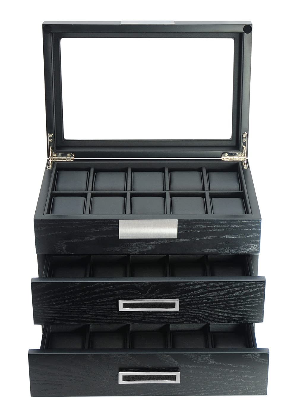 Personalized Ebony Wood Watch Display Case - 3-Tier Jewelry Organizer with Glass Top, Stainless Steel Accents & 2 Drawers - Luxury Watch Storage Box for Men & Women - Perfect for Home, Office or Gift Giving