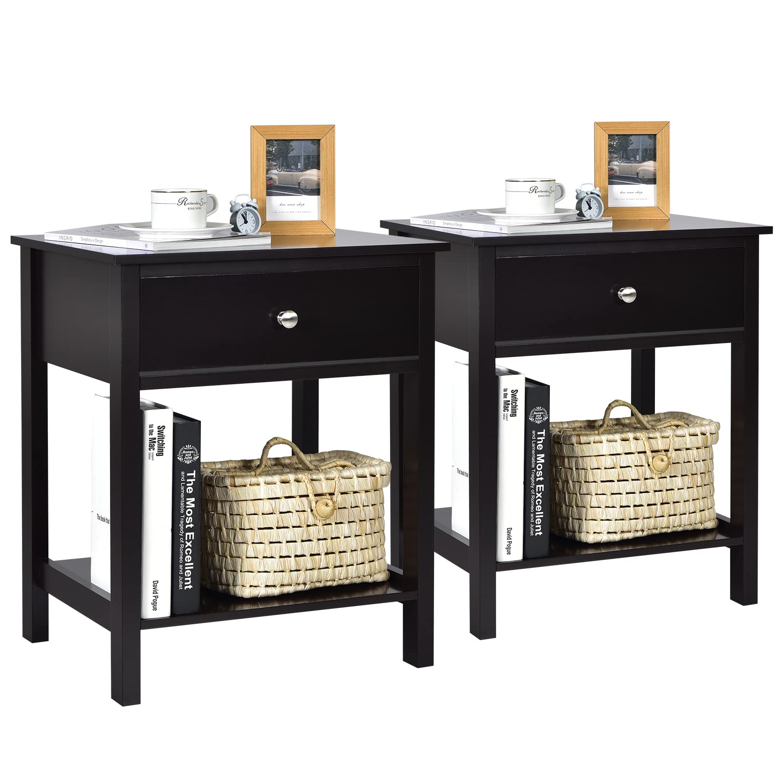 Giantex Nightstand Set of 2, Wooden End Tables with Drawer & Open Shelf - Space-Saving Bedside Tables for Small Spaces - 2-Tier Night Stand for Bedroom, Living Room & Dorm - Easy Assembly Black - Perfect for Storing Books, Lamps & Bedroom Essentials