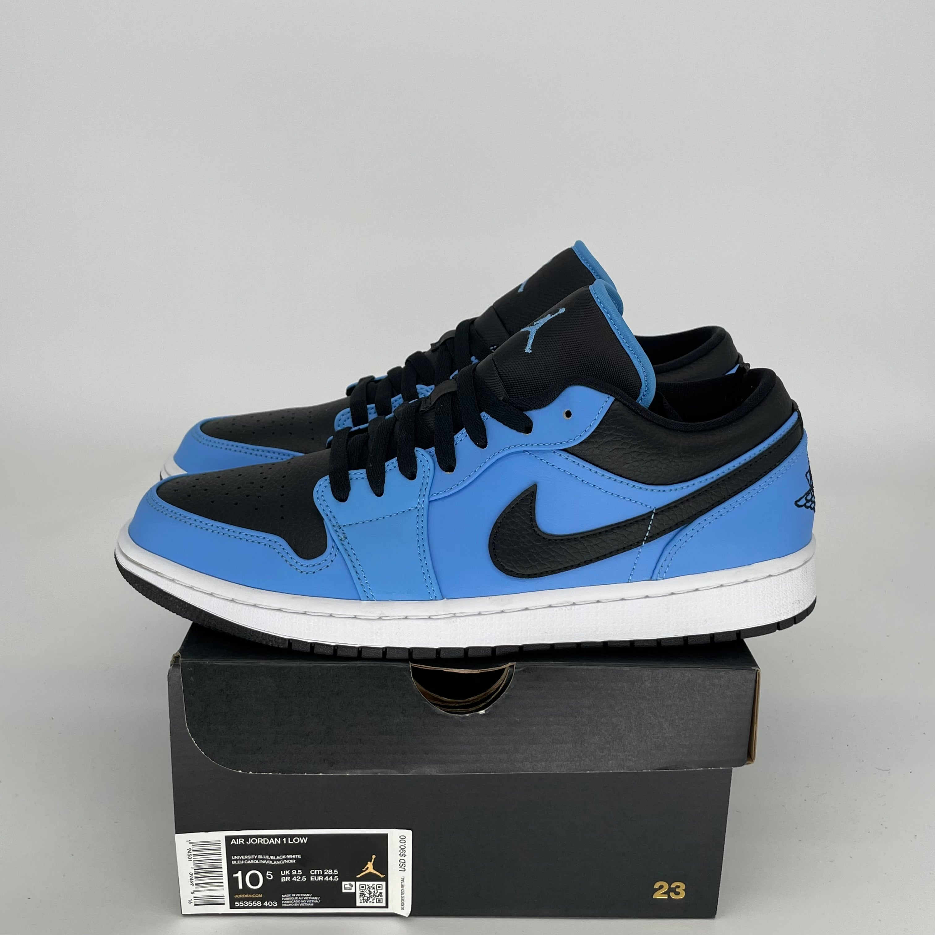 AIR JORDAN 1 LOW UNIVERSITY BLUE BLACK SNEAKERS - MEN'S SIZE 10.5 (553558-403) | Retro Basketball Shoes for Casual Wear & Street Style