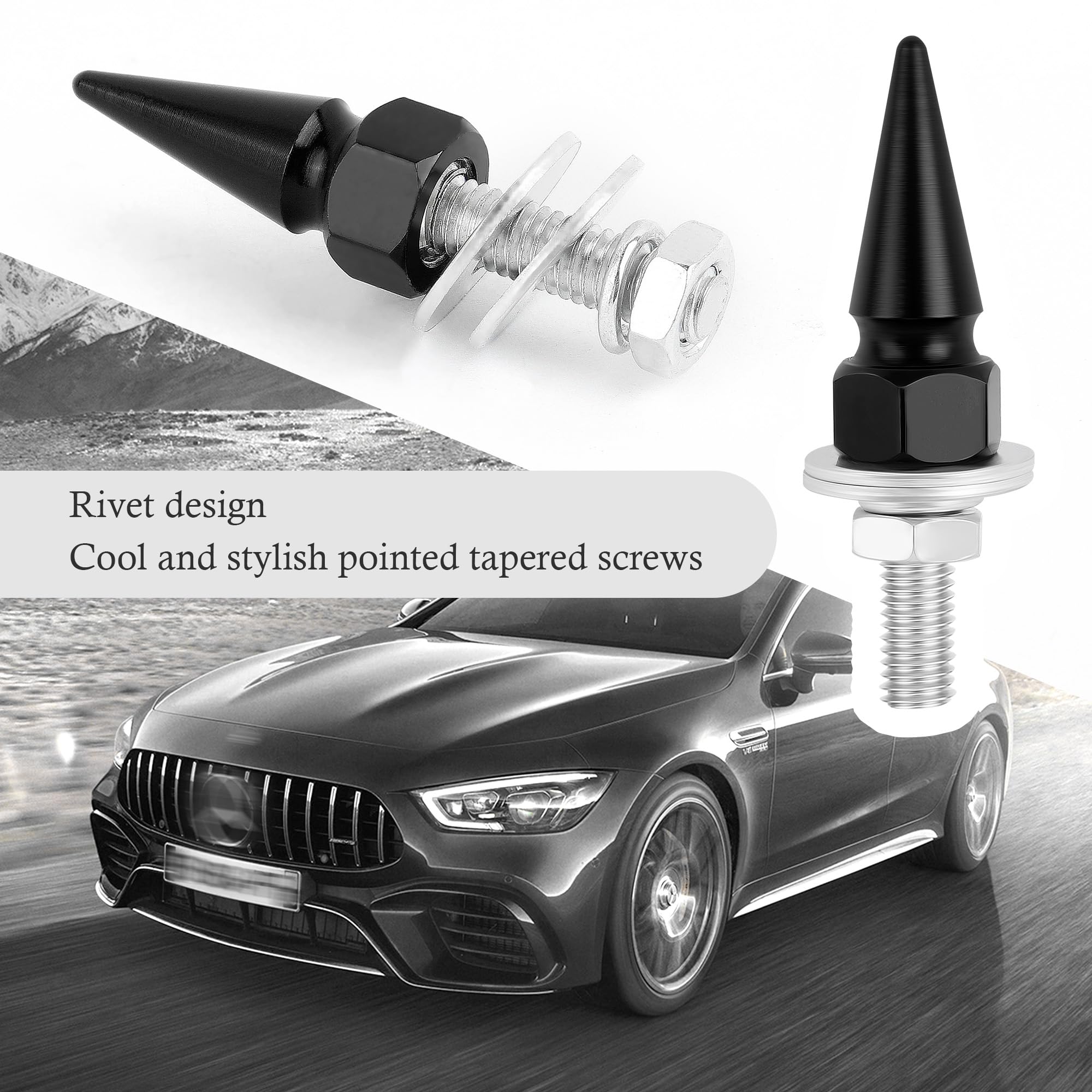 4PCS Black Spiked License Plate Screws - Universal Car & Motorcycle Accessories, Anti-Theft Bolts & Nuts Set for Vehicles, SUVs, Trucks - Perfect for Customizing & Securing Your License Plate