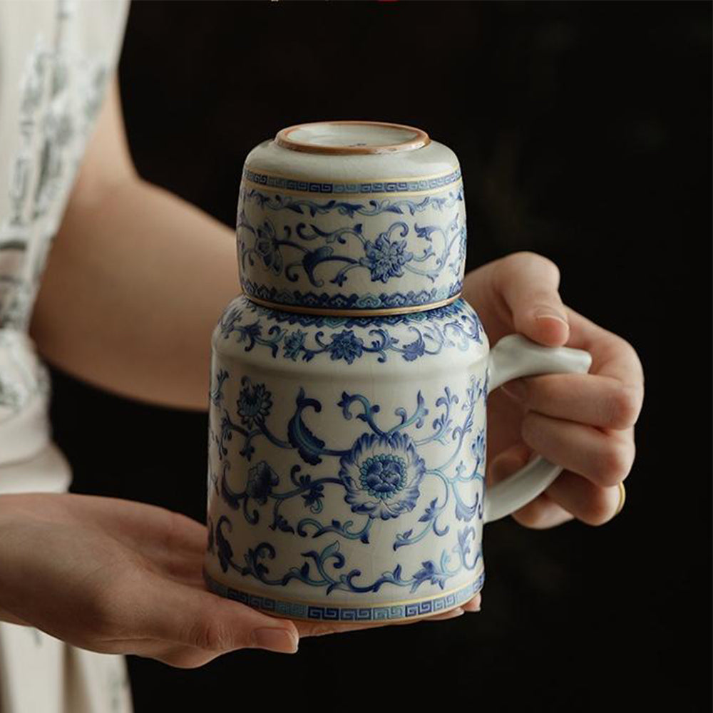 Handmade Blue and White Ruyao Ceramic Tea Cup Set with Twig Flower Design - Perfect for Chinese Tea Ceremonies, Home Decor, and Gift Giving