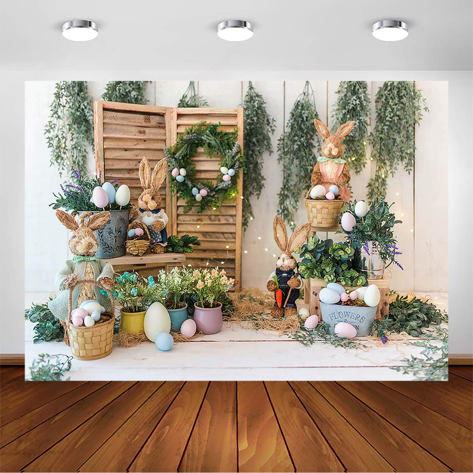 Rustic White Wood Bunny Rabbit Easter Backdrop - 10x7ft Spring Photography Background for Kids, Newborn Portraits, Birthday Decorations | Perfect for Easter, Spring Parties, and Baby Showers