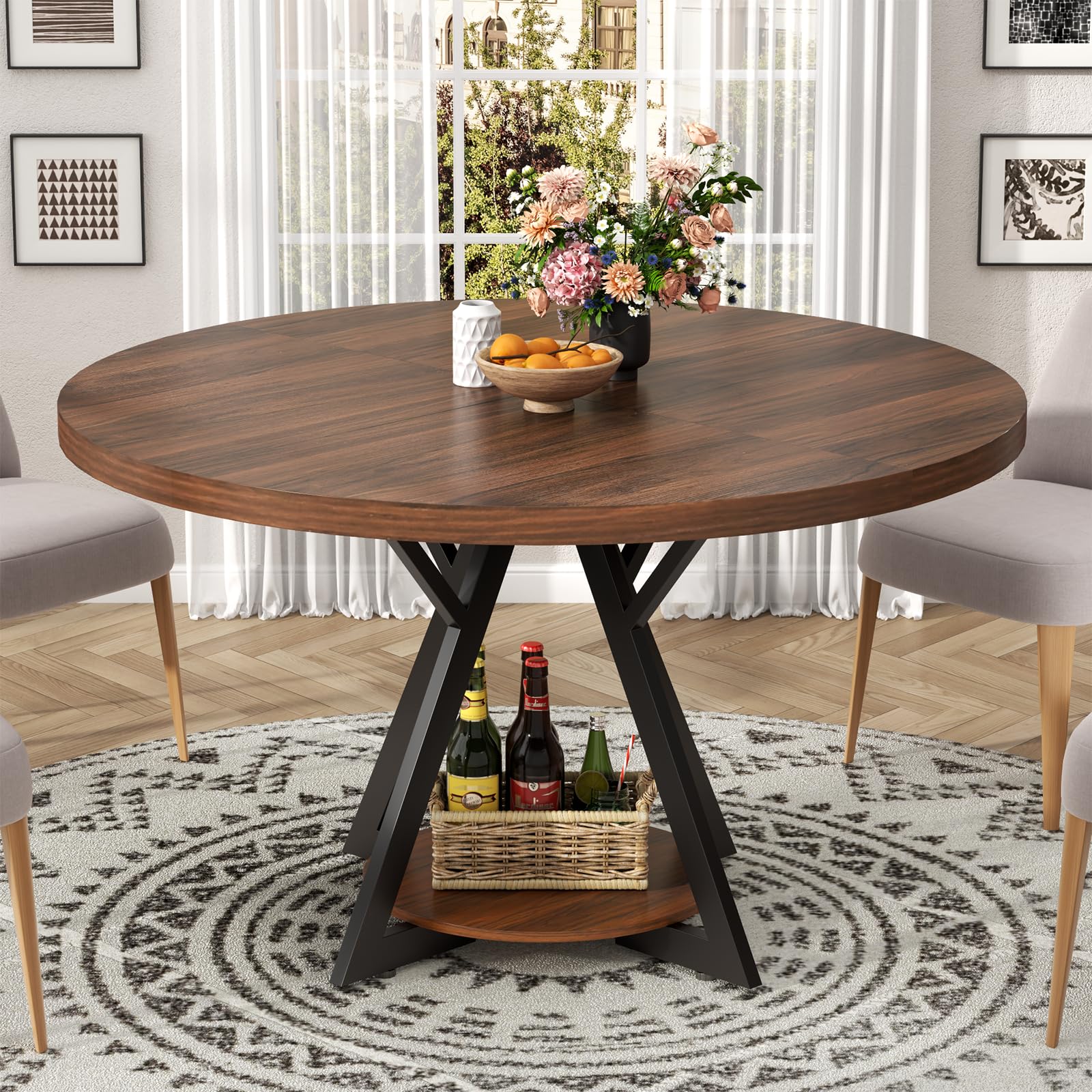Modern Round Dining Table for 4 - 47.24 Inch Farmhouse Kitchen Table with Metal Base & Wooden Top | Adjustable Pads for Stability | Perfect for Small Spaces, Kitchen, Dining Room & Living Room