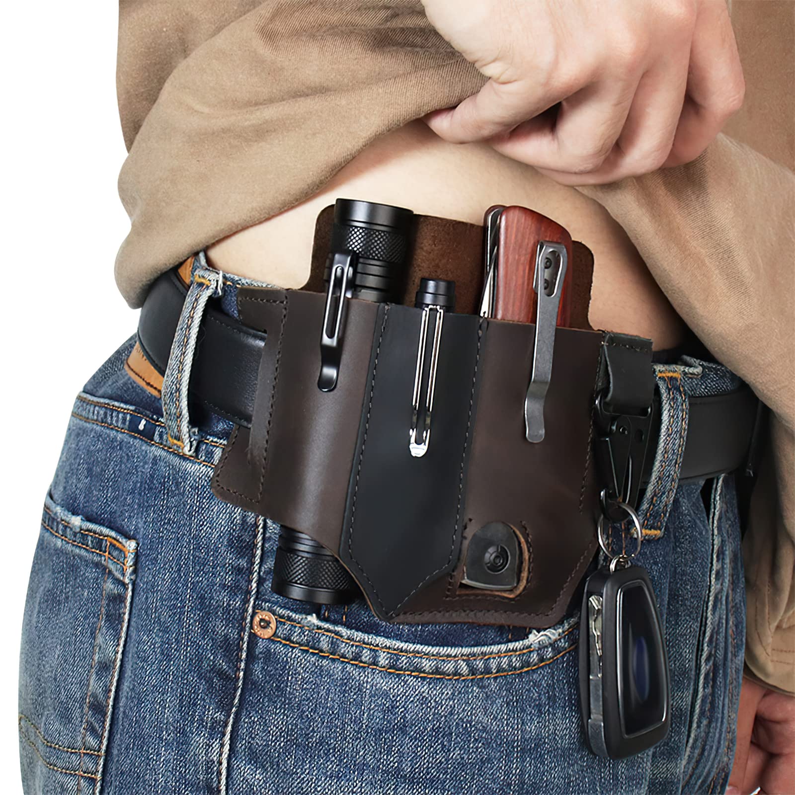 Leather Multitool Belt Sheath - EDC Pocket Organizer for Men with Key Holder, Flashlight Holster & Pen Pouch - Perfect for Outdoor Adventures, Camping & Everyday Carry