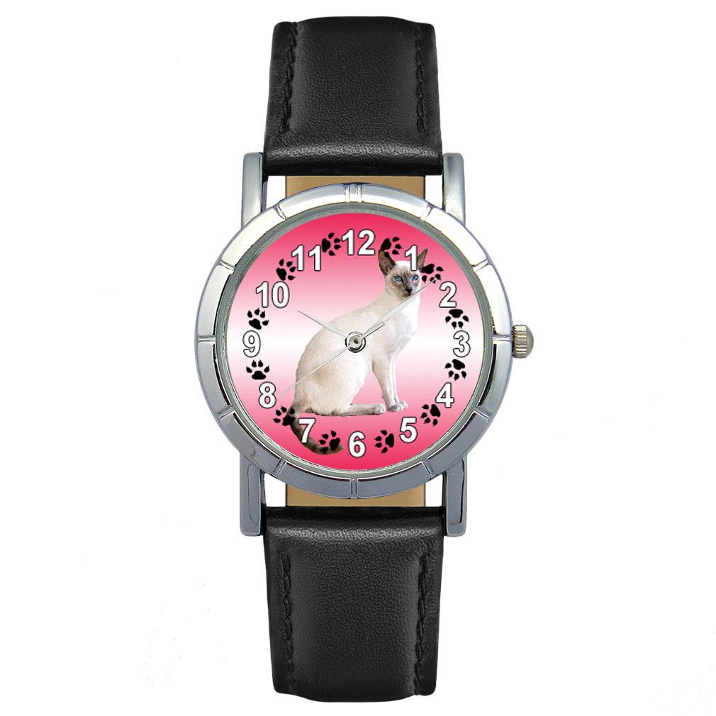 Timest Siamese Cat Women's Wrist Watch - Black Round Analog Quartz Watch with Genuine Leather Strap (Model SA2678) - Perfect for Office Wear, Casual Outfits & Gift Giving