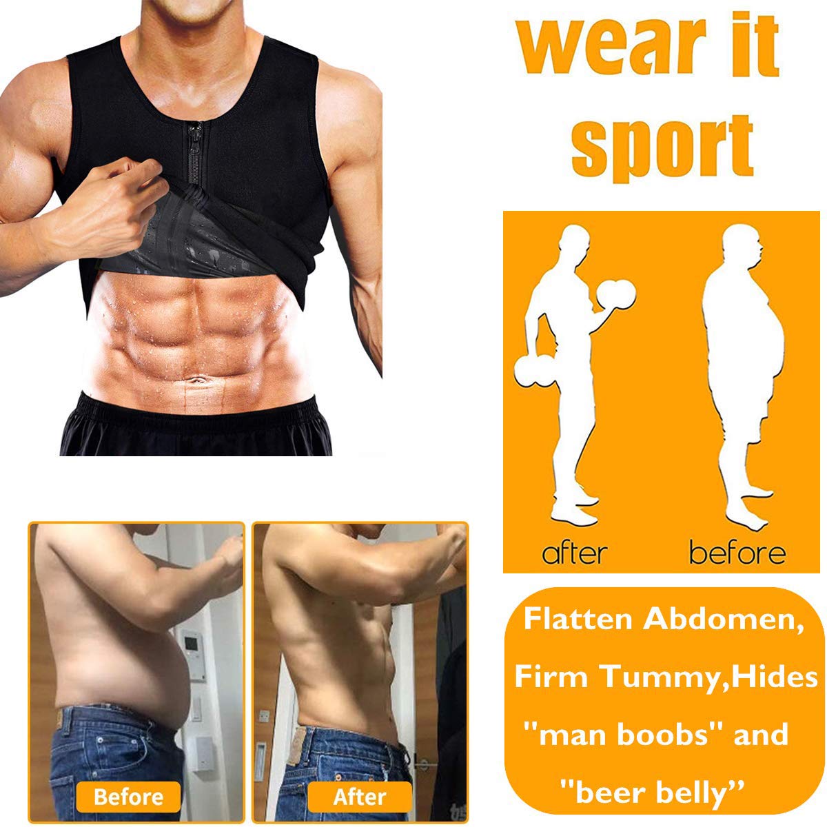 Men's Sauna Sweat Vest for Weight Loss - Polymer Waist Trainer Body Shaper Slimming Tank Top with Zipper - Perfect for Gym, Workout & Postpartum Recovery
