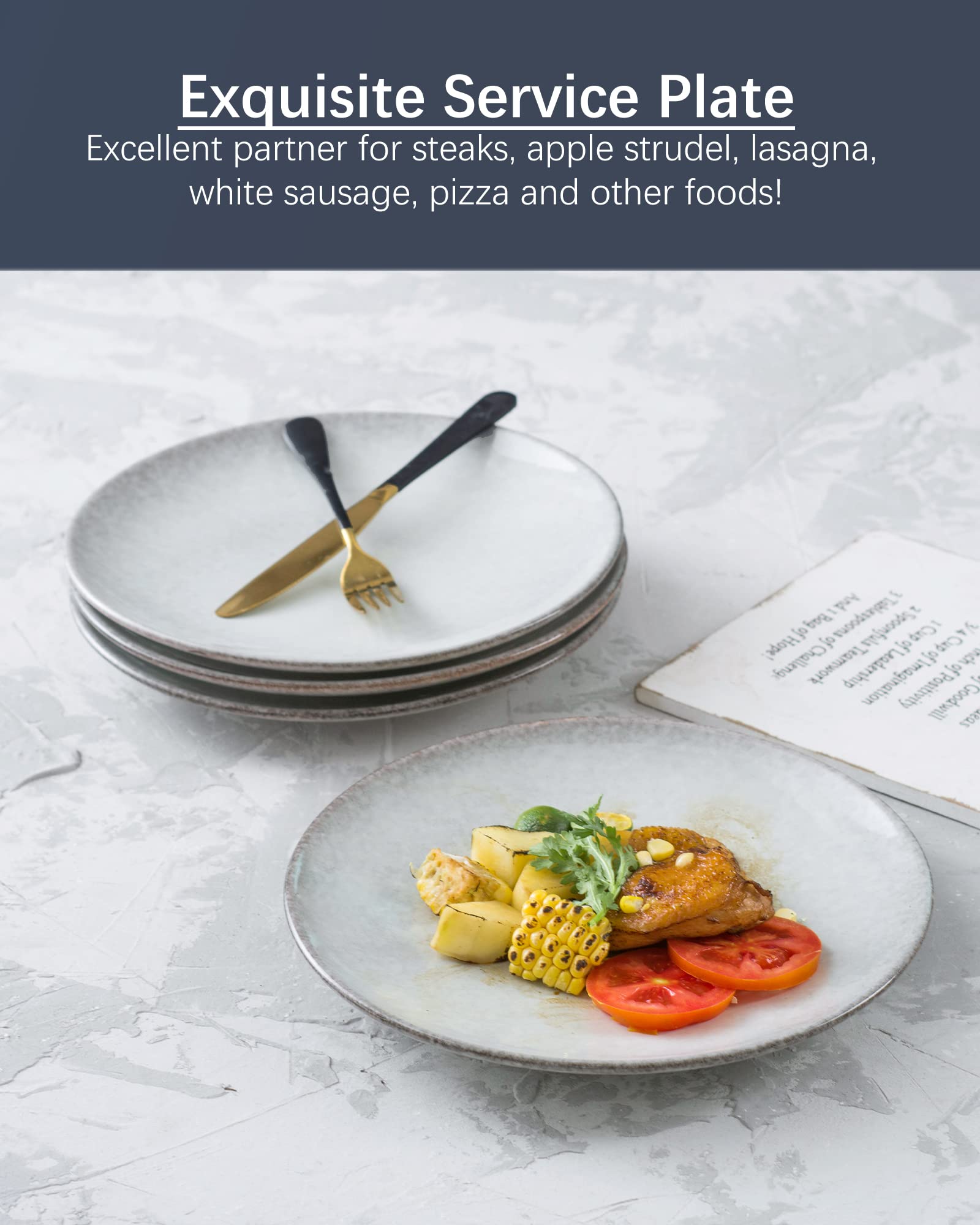 Premium 10-Inch Ceramic Dinner Plates Set of 4 - Scratch Resistant Stoneware Round Plates for Dessert, Salad & Serving | Dishwasher, Microwave & Oven Safe Dinnerware (Grayish-White) - Perfect for Family Dinners, Parties & Restaurant Use