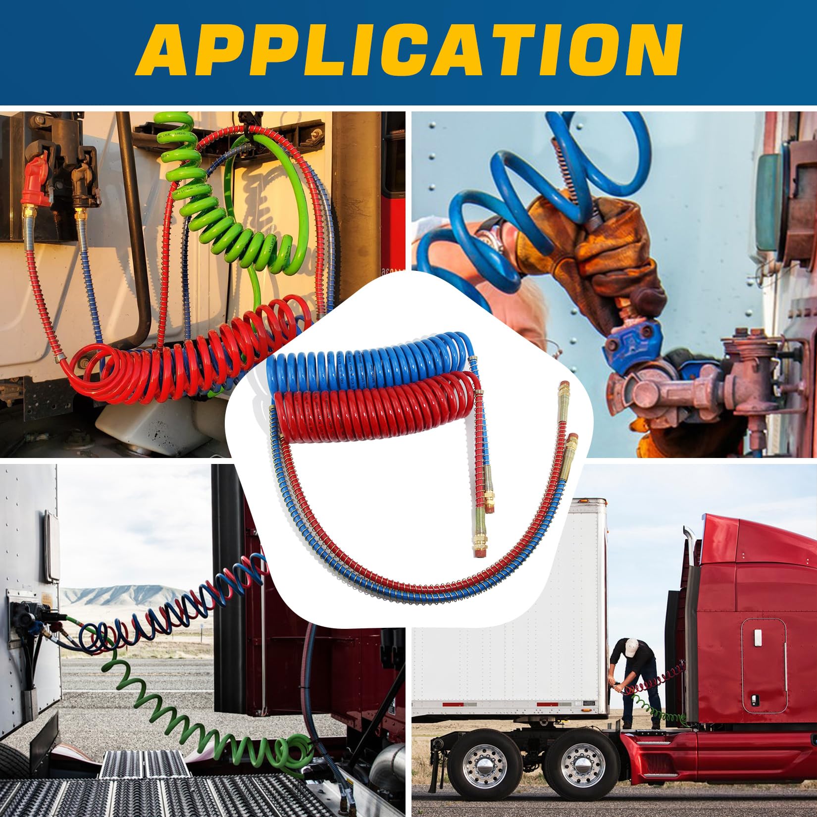 15Ft Coiled Air Brake Hose Assembly for Semi Truck - Red & Blue Coiled Air Brake Lines with 40