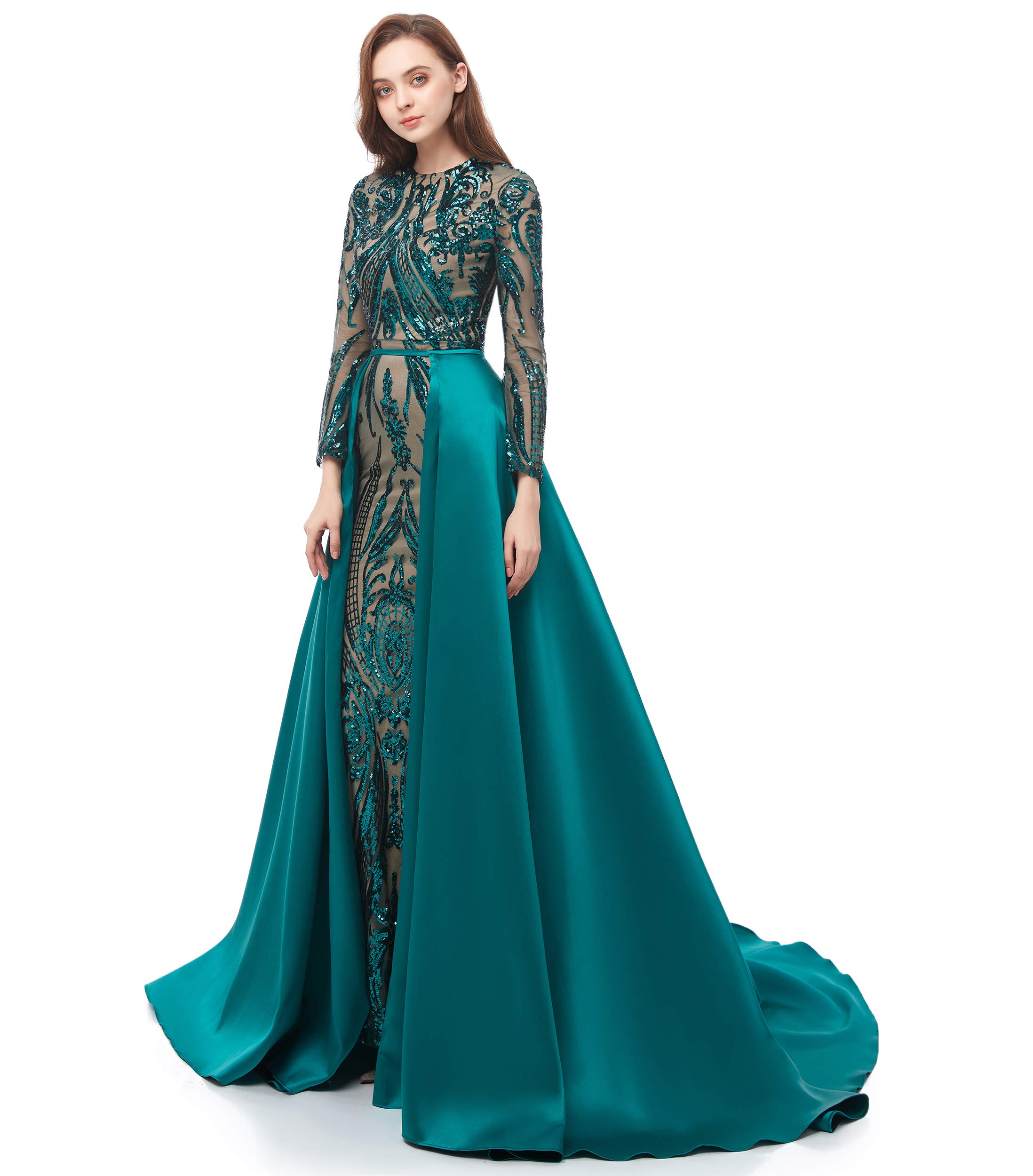 Elegant Long Sleeve Sequin Prom Dress with Detachable Skirt - Sparkling Mermaid Pageant Gown for Evening Gala, Homecoming, and Formal Events