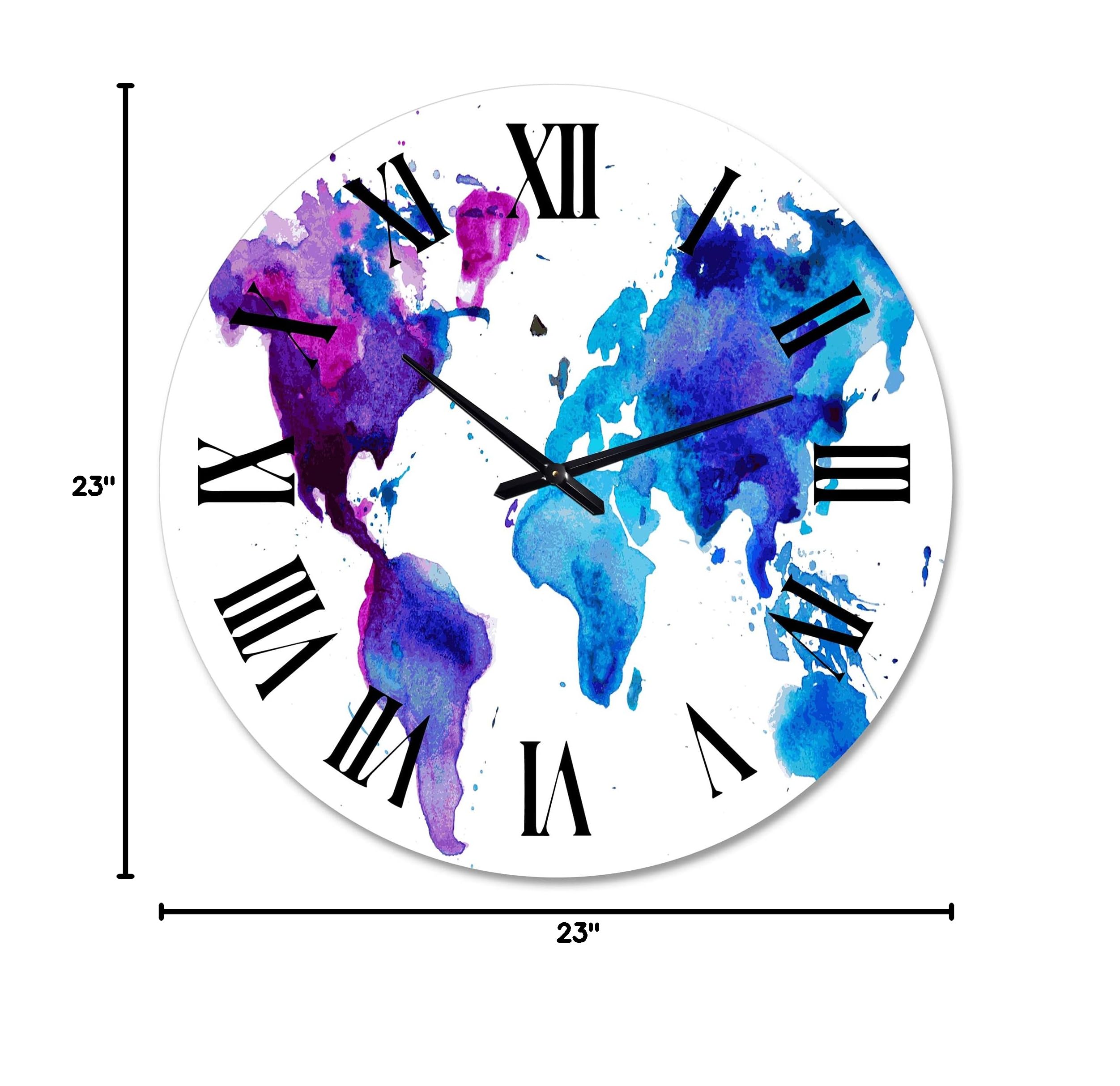 DesignQ Modern Purple and Blue World Map Wall Clock - Large Decorative Wall Clock for Living Room, Bedroom, Office | Perfect for Home Decor and Unique Gift Ideas