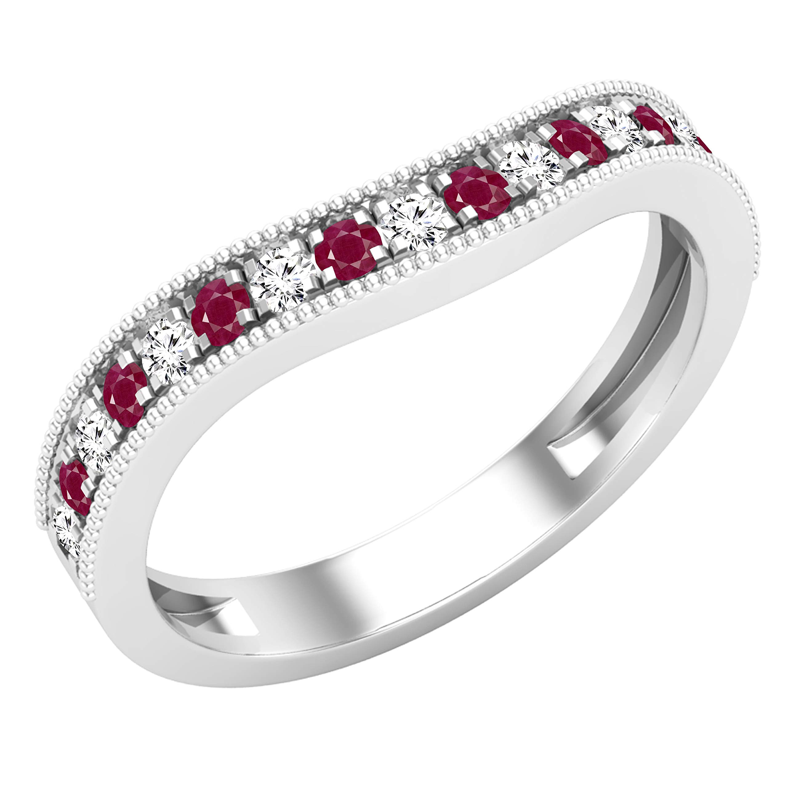 10K Solid White Gold Round Gemstone & Diamond Women's Stackable Wedding Band Ring – Elegant Contour Guard Design for Bridal, Anniversary & Special Occasions