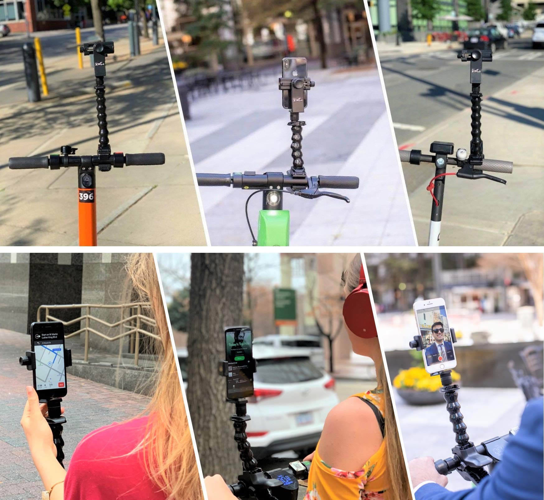 Flexible Adjustable Scooter & Bike Phone Mount Holder - Universal Compatible with iPhone 12/11/X/8/7/6, Samsung Galaxy S21/Note20 & Lime/Bird/Spin Scooters - Perfect for Commuting, Food Delivery & Outdoor Adventures