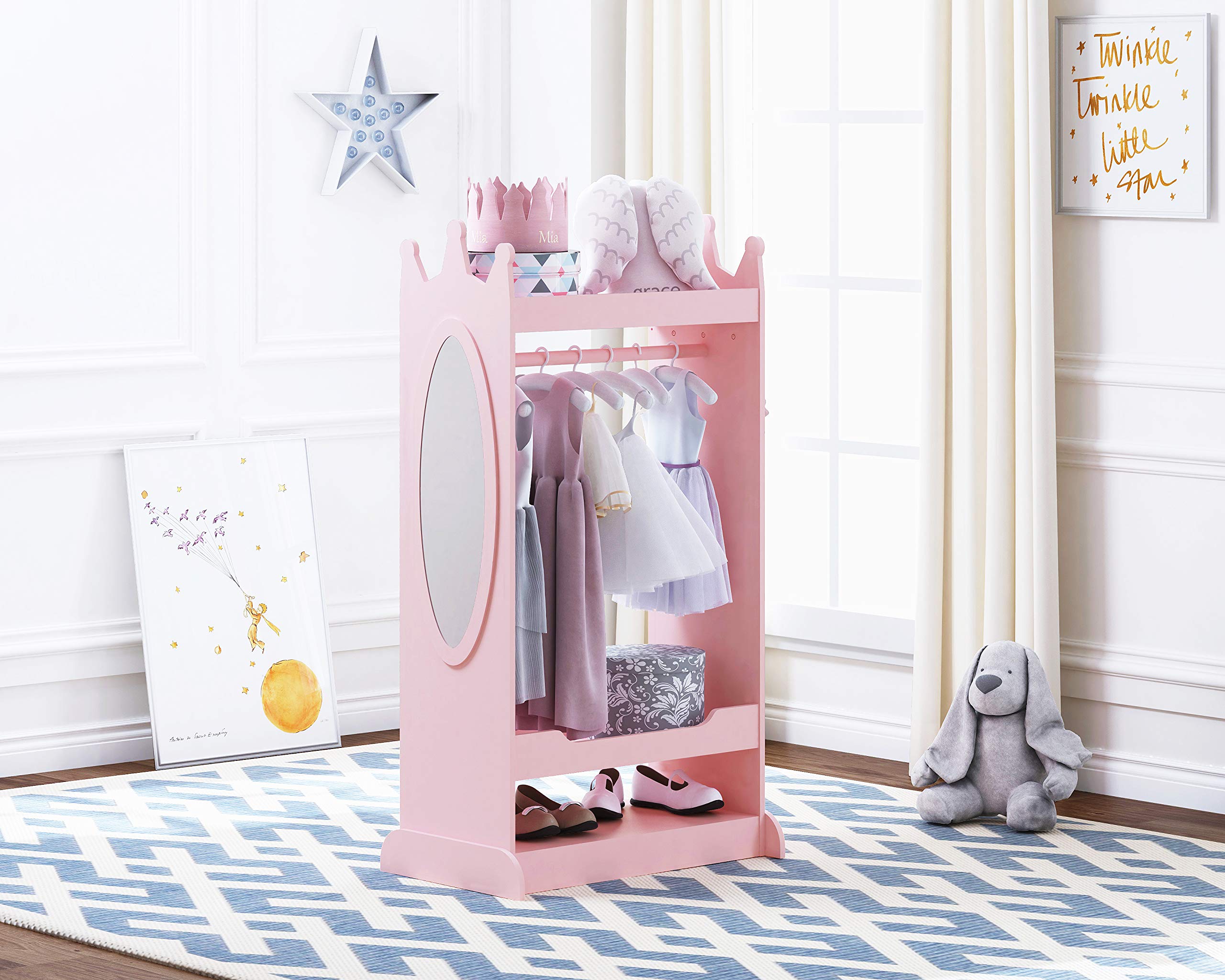 UTEX Kids Dress Up Storage with Mirror - Pink Costume Wardrobe & Hanging Armoire Closet for Girls | Pretend Play Storage Organizer for Dress-Up Clothes, Accessories & Toys | Perfect for Bedroom, Playroom & Nursery Organization