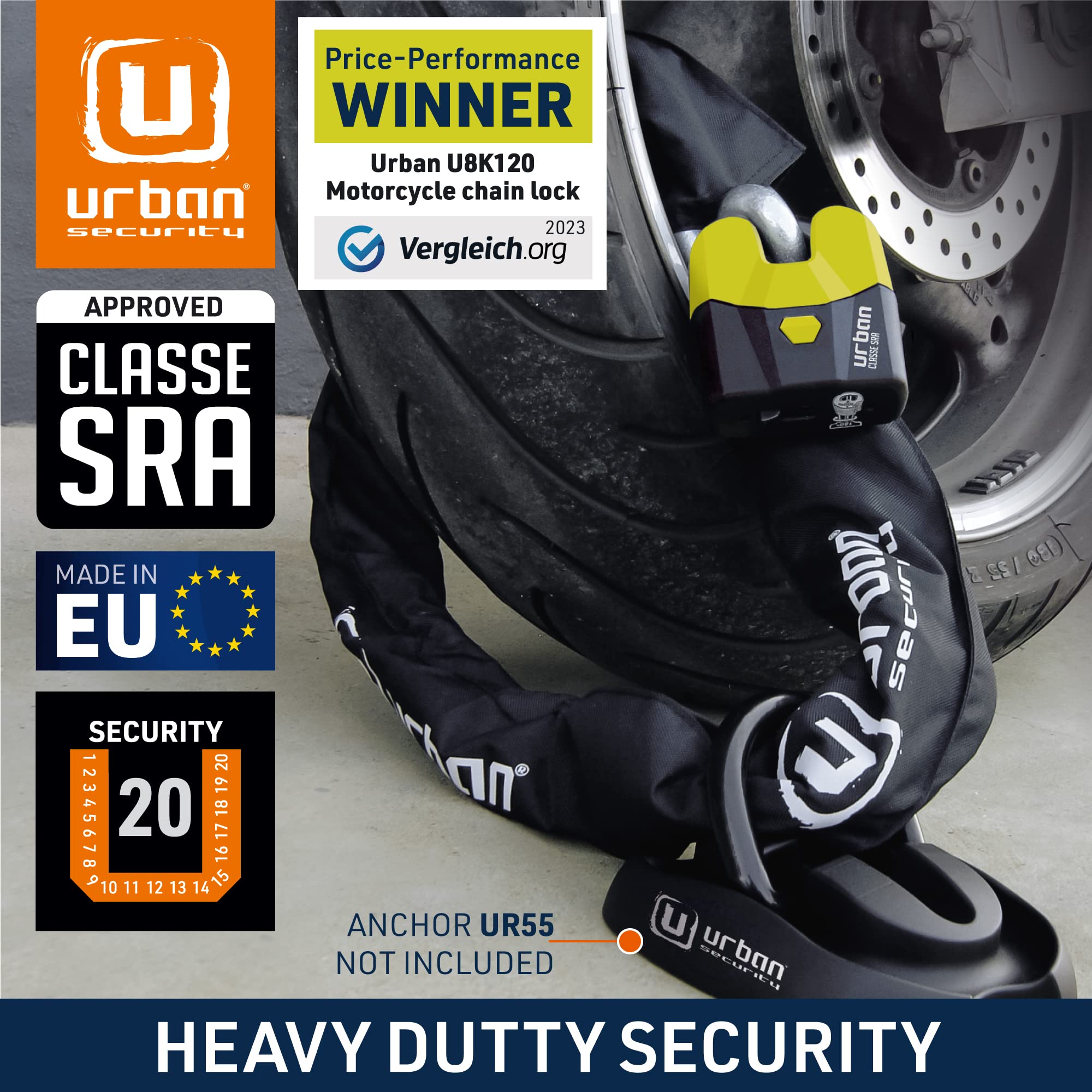 Urban Security U8K100 Heavy Duty Motorcycle Chain Lock – Cut Proof Anti-Theft Bike Lock with SRA Approved Cut Resistant Padlock (100cm) – Ideal for Motorcycles, Scooters, Bikes & Outdoor Security