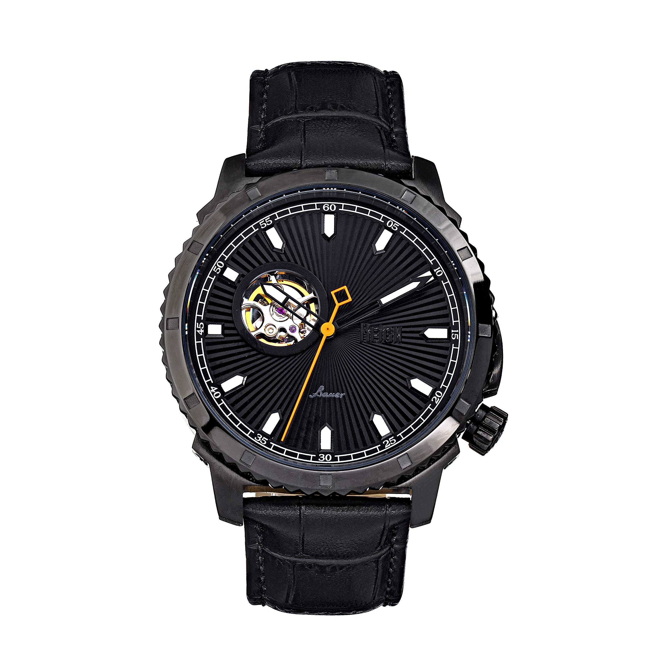 Reign Bauer Automatic Semi-Skeleton Leather Band Watch for Men - Black Stainless Steel Case with Date Window - Water Resistant Dress & Casual Timepiece REIRN6007 | Perfect for Business, Formal Events & Everyday Wear