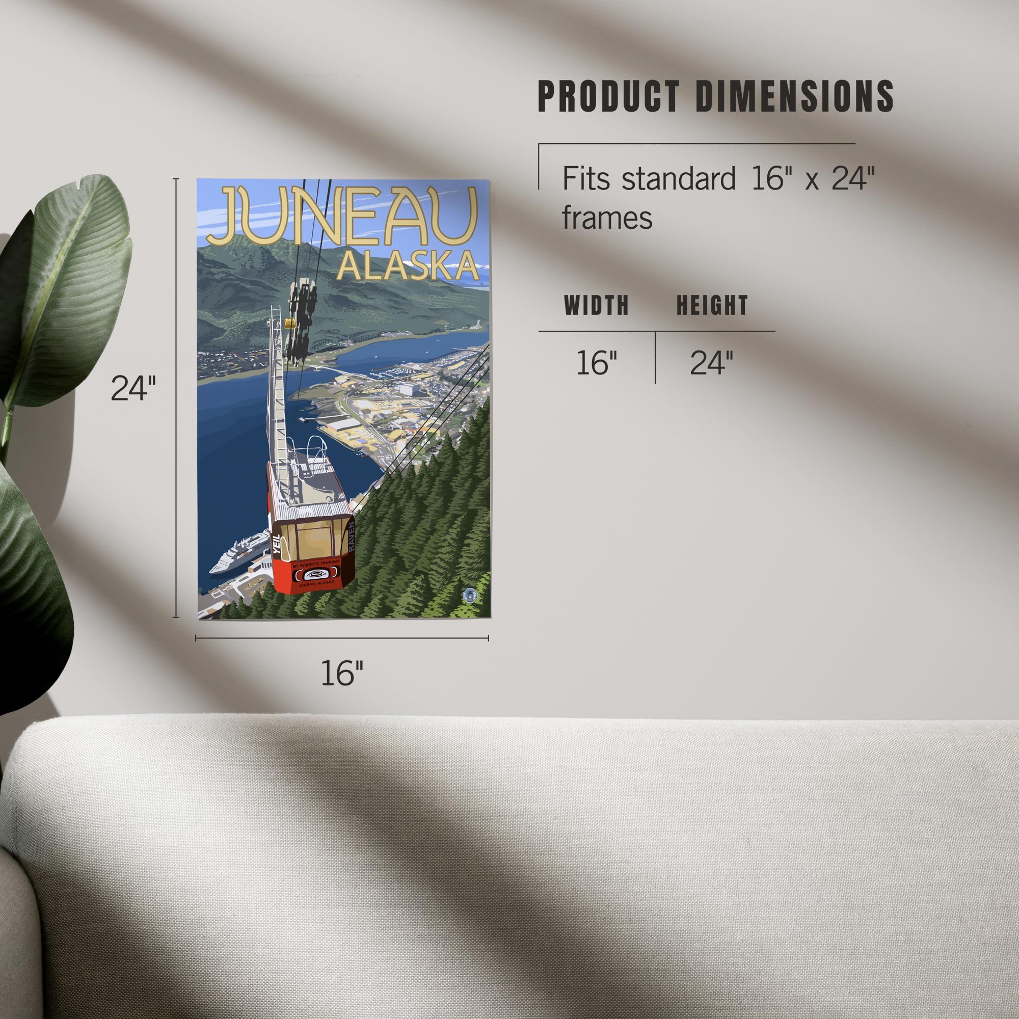 Lantern Press 16x24 Inch Giclee Art Print - Juneau Alaska Landscape with Mt. Roberts Tramway - Premium Wall Decor for Living Room, Bedroom & Office