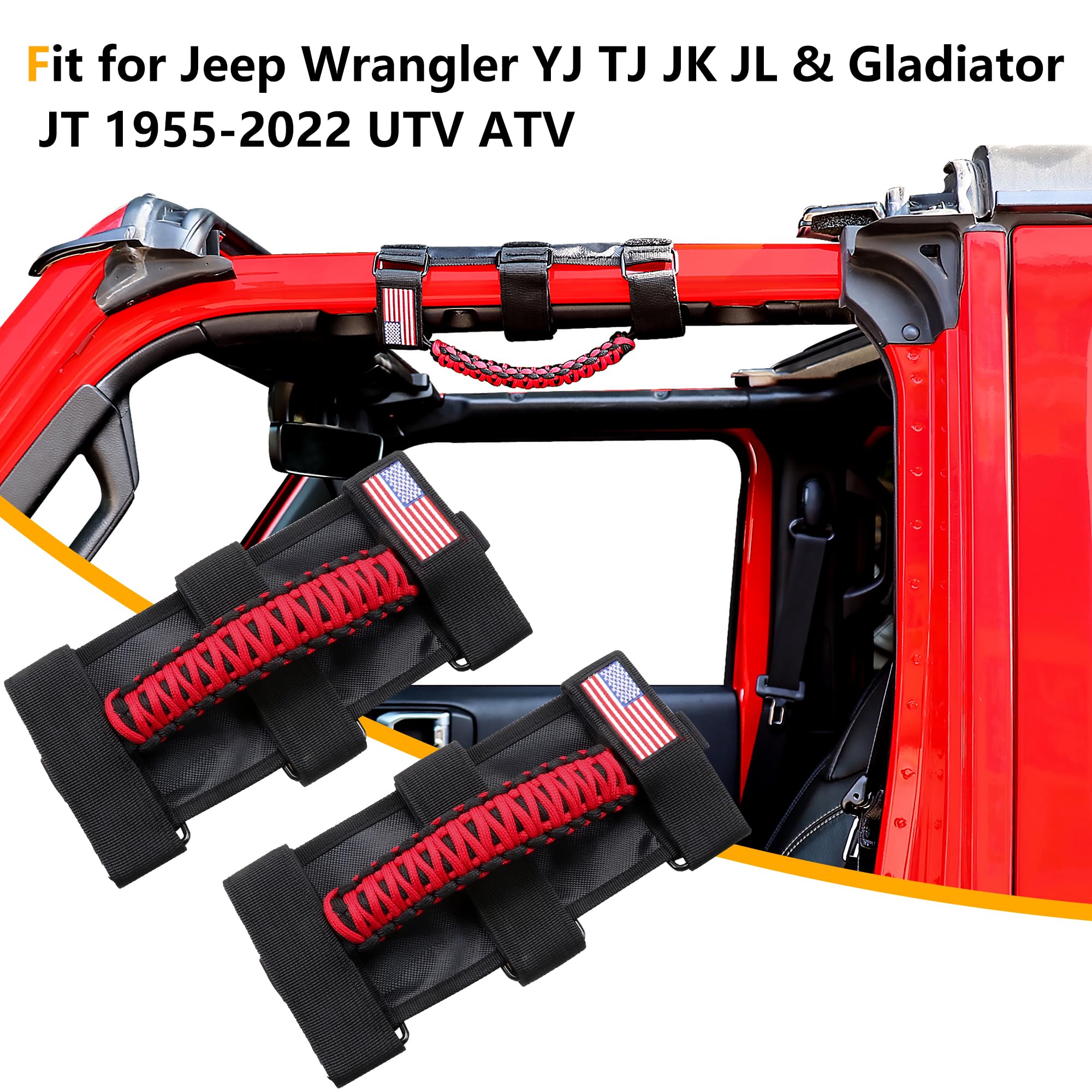 Roll Bar Paracord Grab Handles for Jeep Wrangler YJ TJ JK JL & Gladiator JT 1955+ UTV ATV - Heavy Duty Interior Accessories (Red) - Perfect for Off-Roading, Camping & Adventure Vehicles