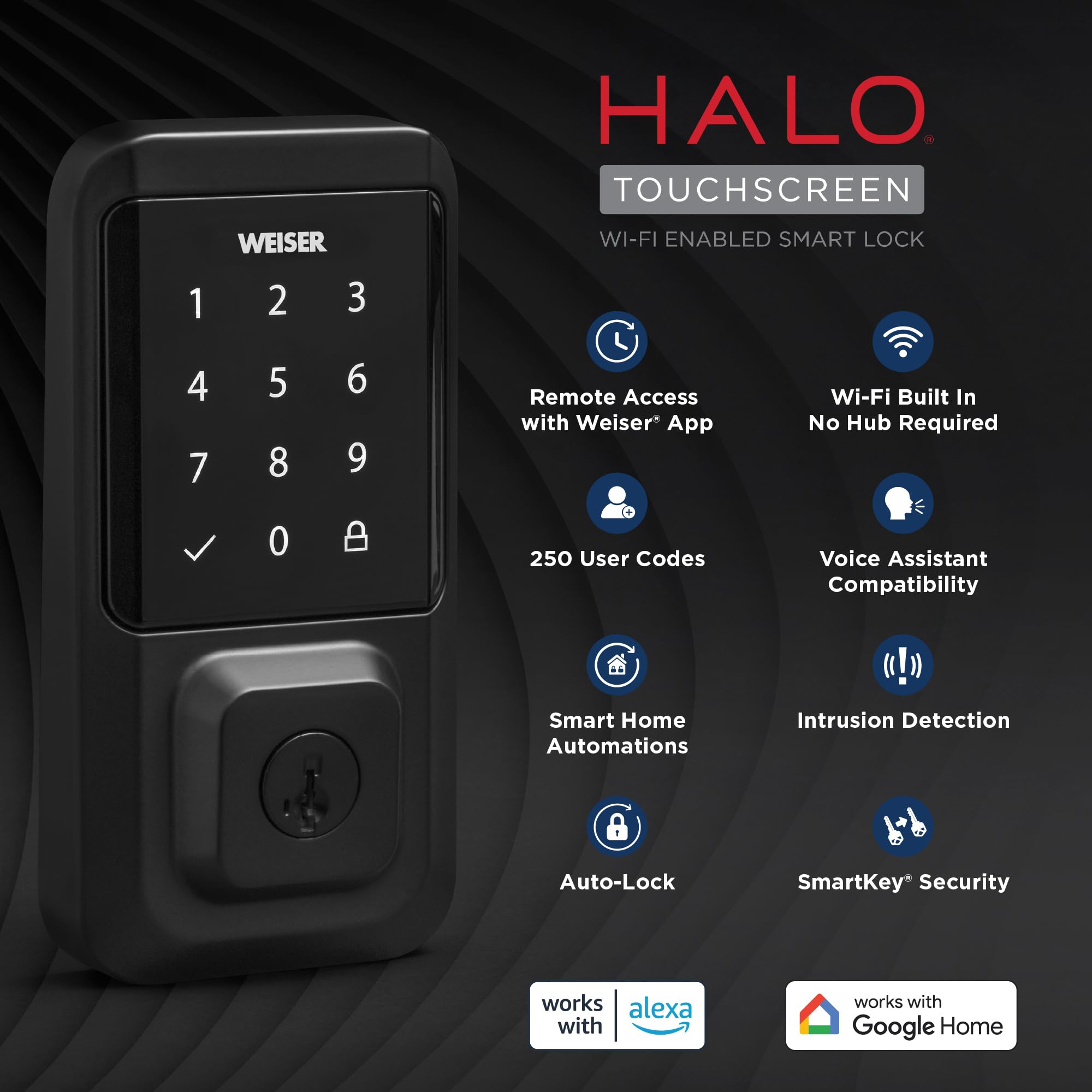 Weiser Halo Matte Black WiFi Smart Lock - Keyless Entry Deadbolt with Touchscreen Keypad | Works with Alexa & Google Assistant | Secure Smart Lock for Front Door, Apartment & Vacation Homes