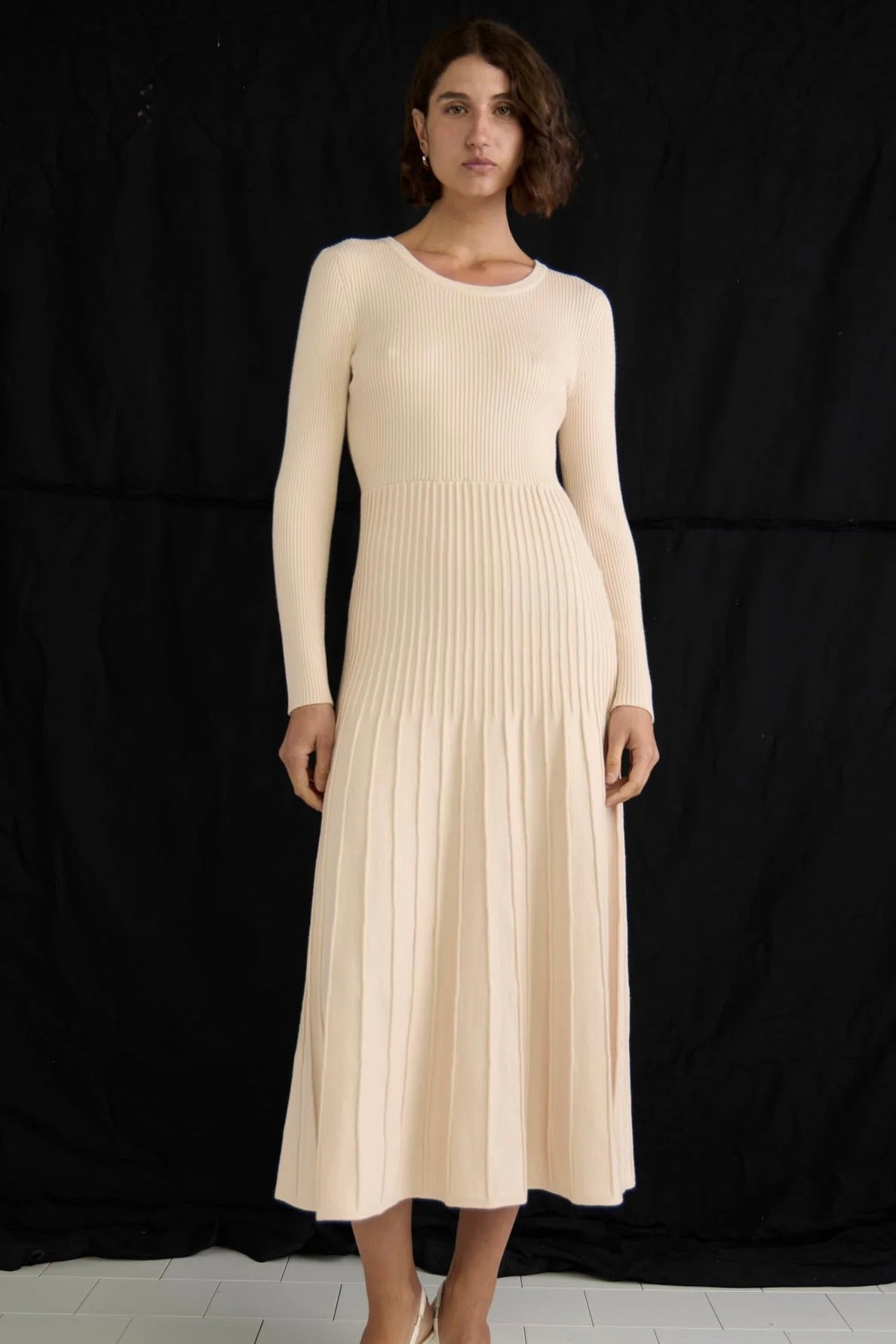 Elena Vanilla Rib Knit Long Sleeve Midi Dress - Elegant Fall & Winter Outfit for Women, Perfect for Office, Date Night and Holiday Parties