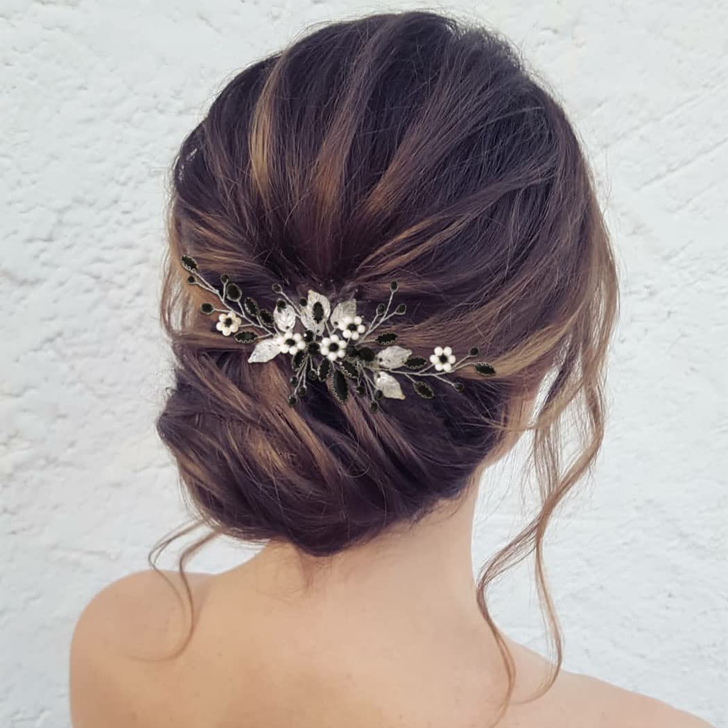 Zoestar Black Flower Pearl Bridal Hair Comb - Crystal Leaf Wedding Headpiece for Women & Girls | Perfect for Brides, Bridesmaids, and Special Occasions