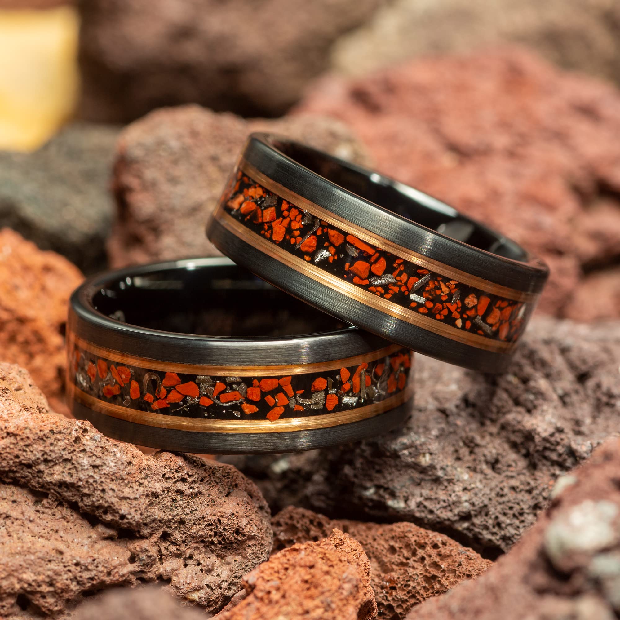 Dinosaur Bone & Meteorite Men's Wedding Ring - Black Brushed Tungsten with Rose Gold Inlay - 8mm Comfort Fit Band - Unique Groomsmen Gift for Anniversary, Engagement & Outdoor Adventure Enthusiasts