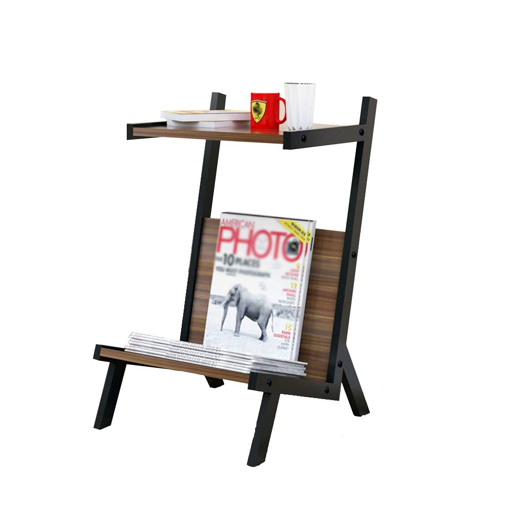 Modern Wrought Iron Bookshelf & Side Table - Multi-Functional Coffee Table, Magazine Rack, Bedside Shelf - 35x40x60cm - Black Frame with Walnut Top - Perfect for Living Room, Bedroom & Office Organization